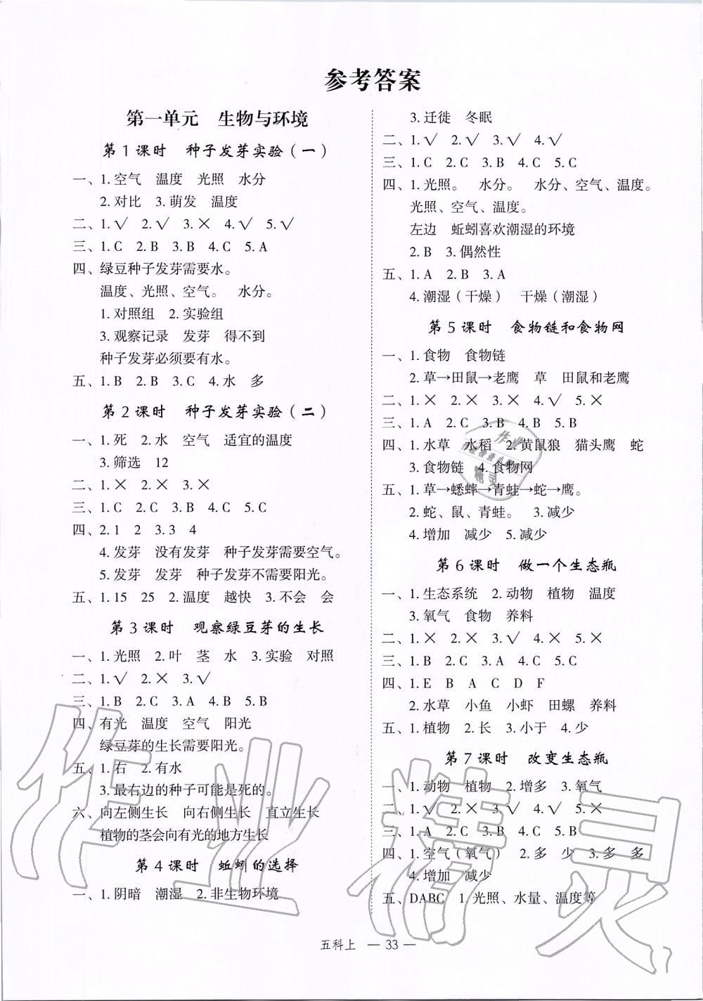 2022年名师面对面先学后练五年级科学下册教科版参考答案第1页参考