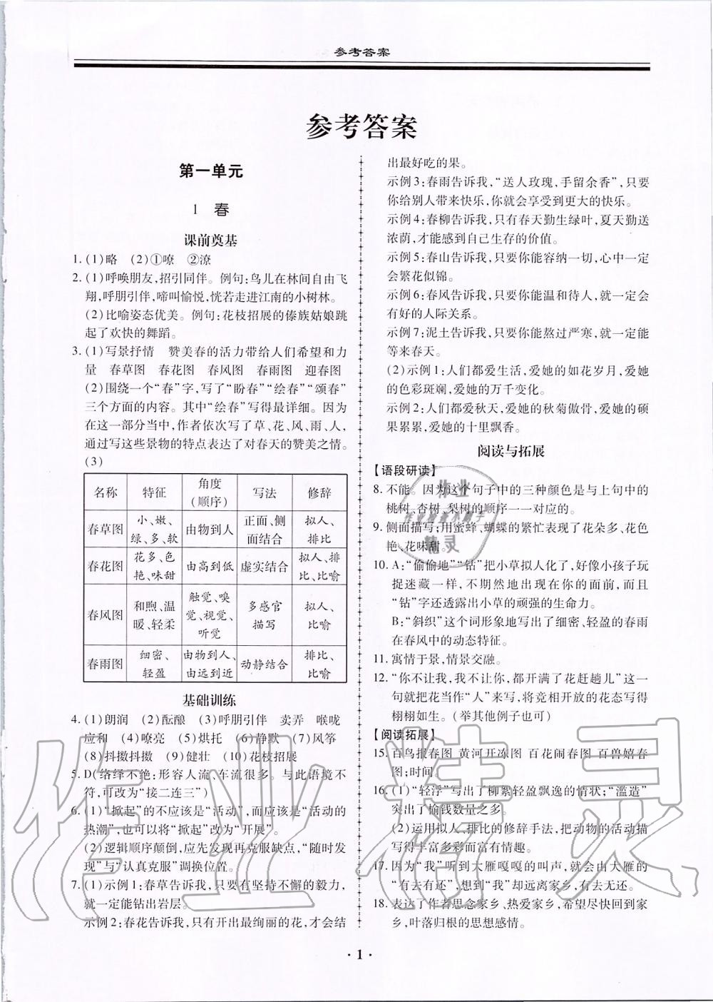 2021年名师导航同步练与测七年级语文下册人教版广东专版参考答案第1