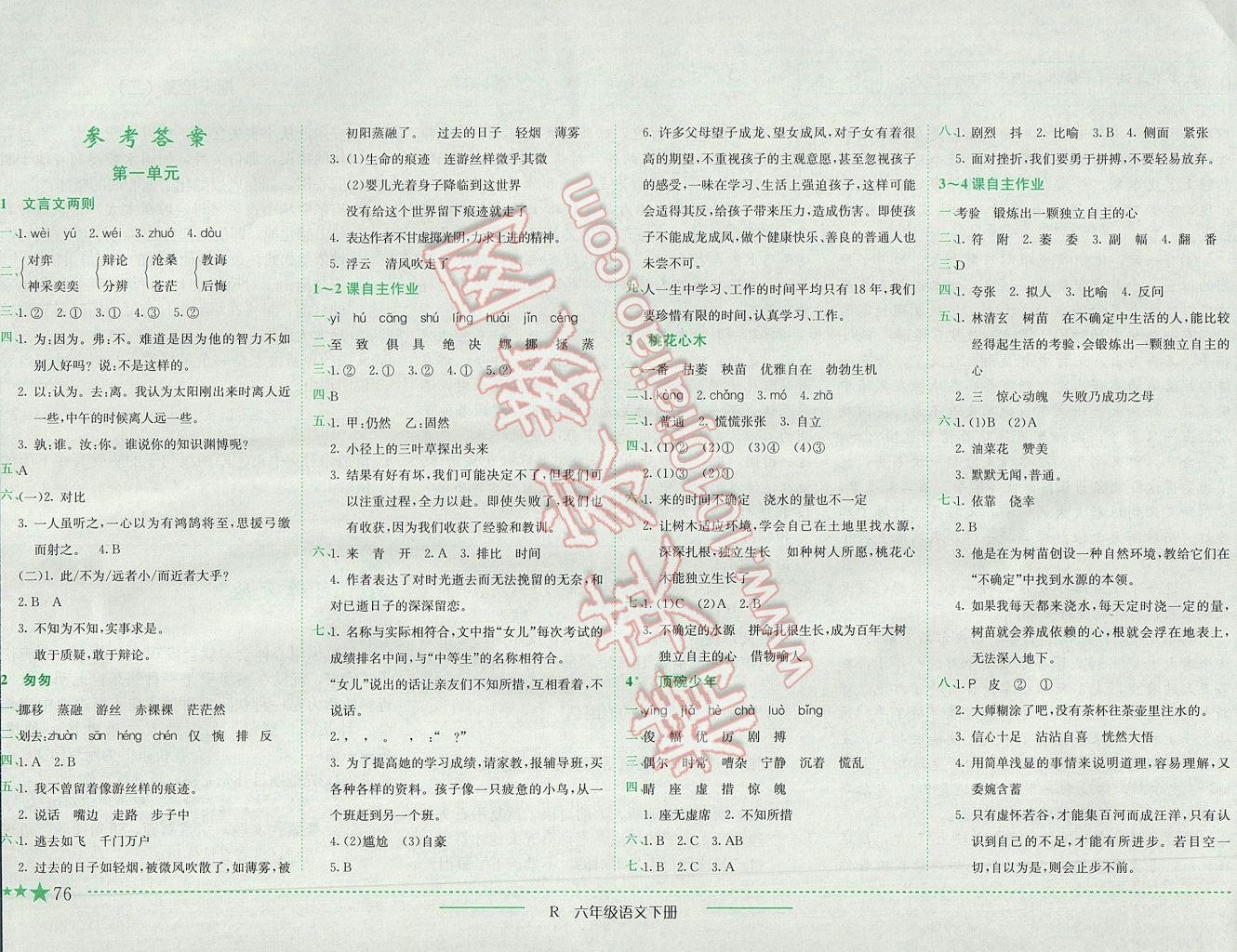 2017年黄冈小状元作业本六年级语文下册人教版江西专版答案