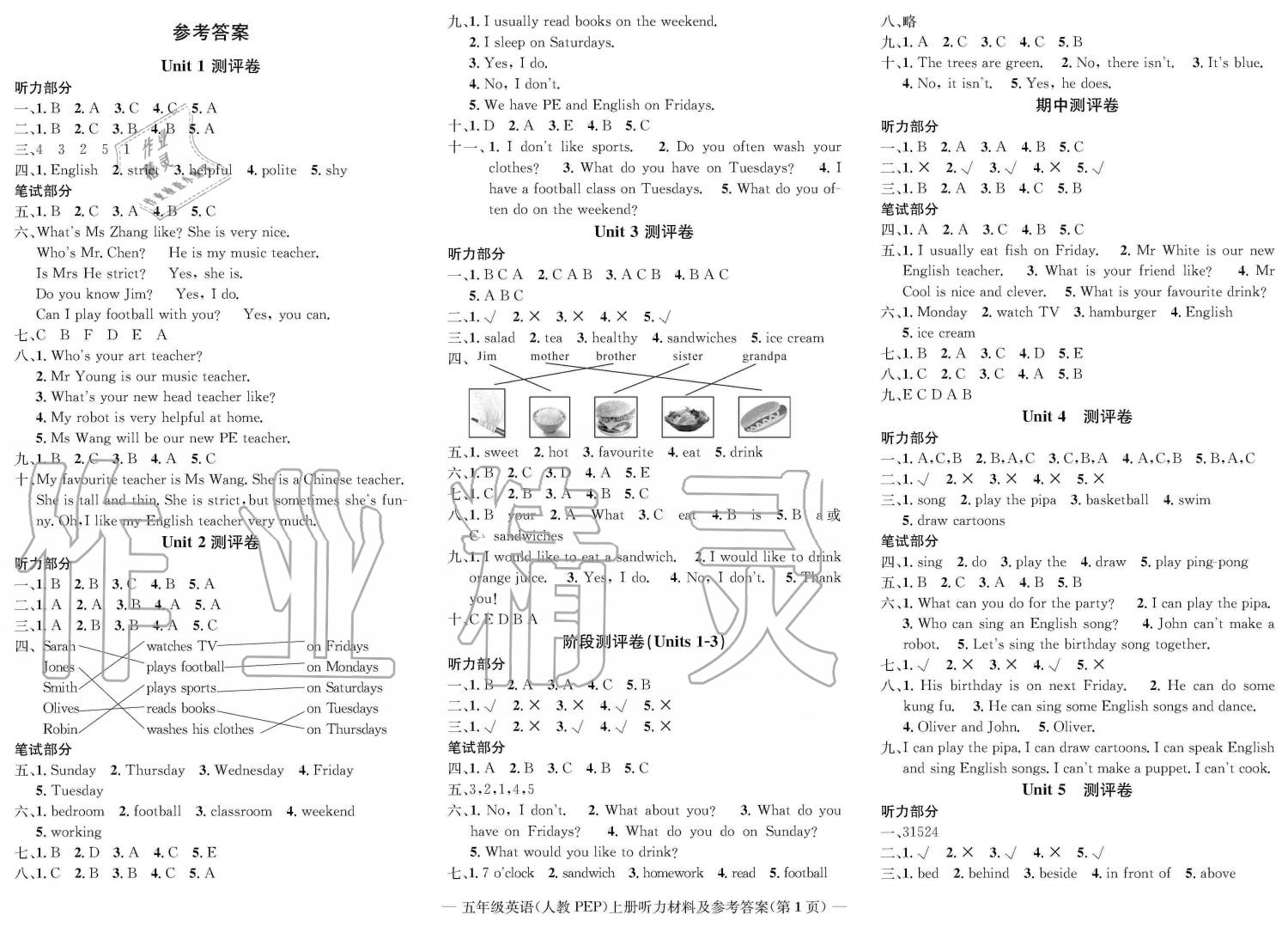 2021年学业评价测评卷五年级英语下册人教版参考答案第1页参考答案