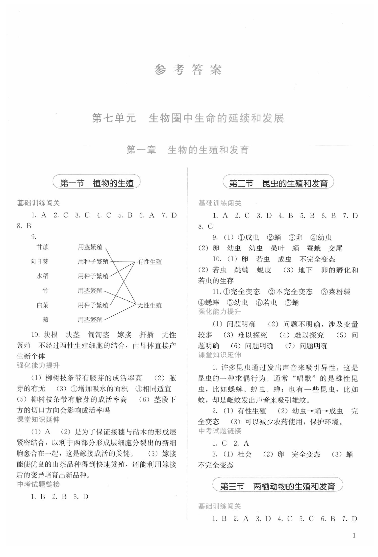 金学典同步解析与测评八年级生物下册人教版山西专版第1页参考答案