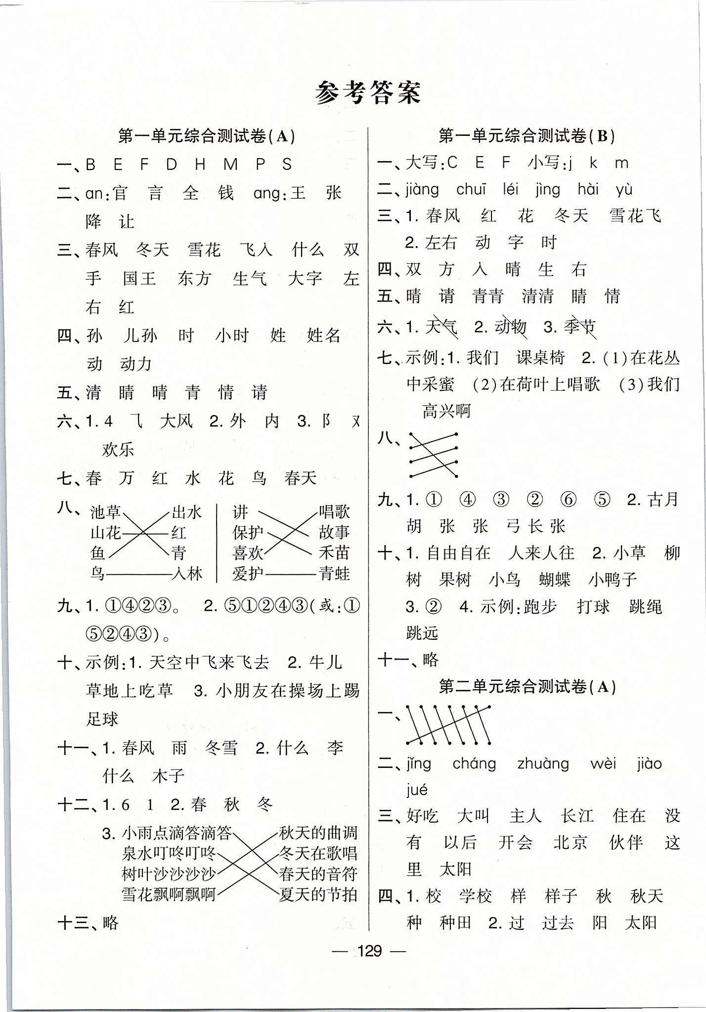 2020年学霸提优大试卷一年级语文下册人教版答案
