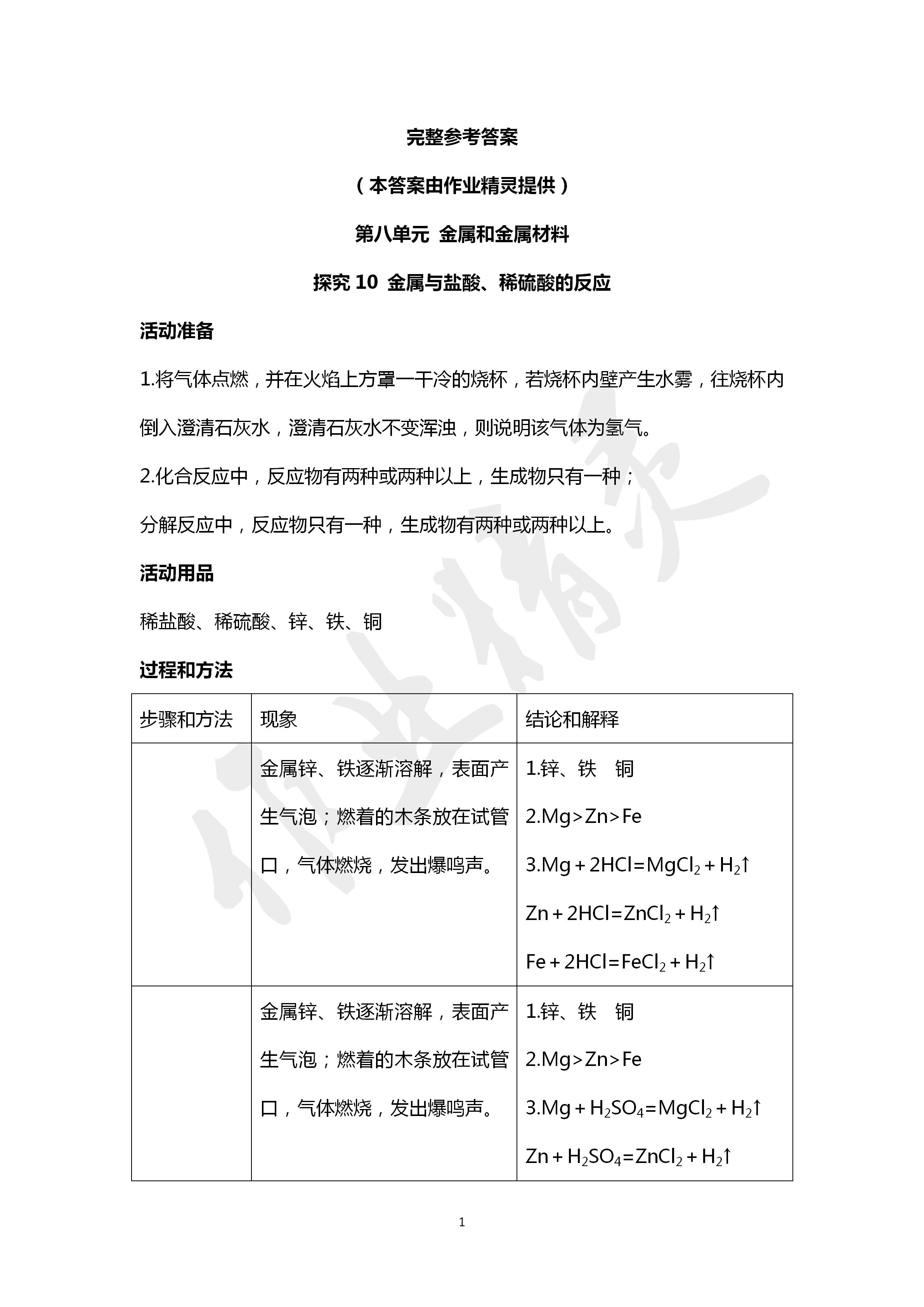 2020年探究活动报告册九年级化学下册人教版双色版专版