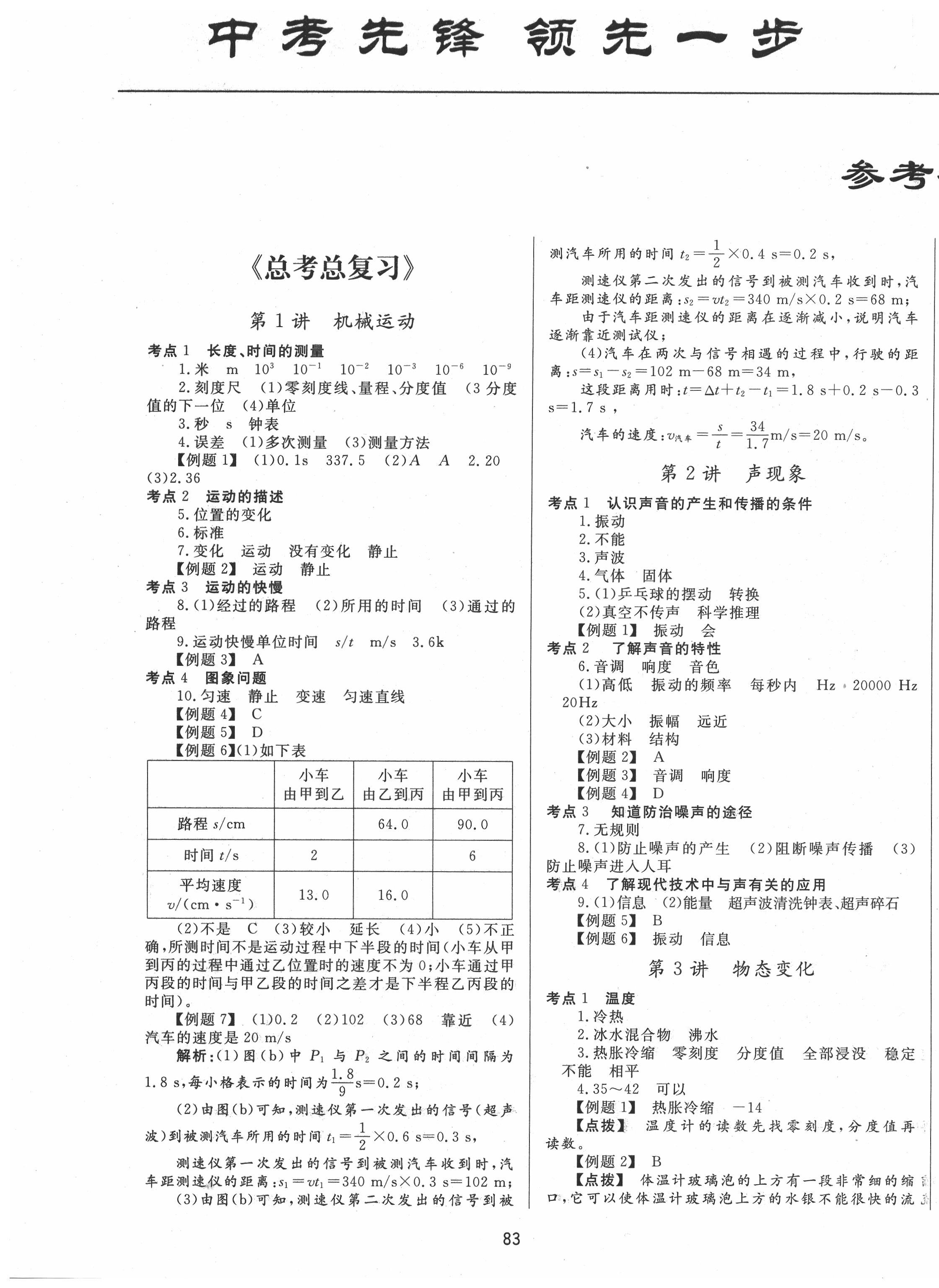 2022年中考先锋中考总复习物理第1页参考答案