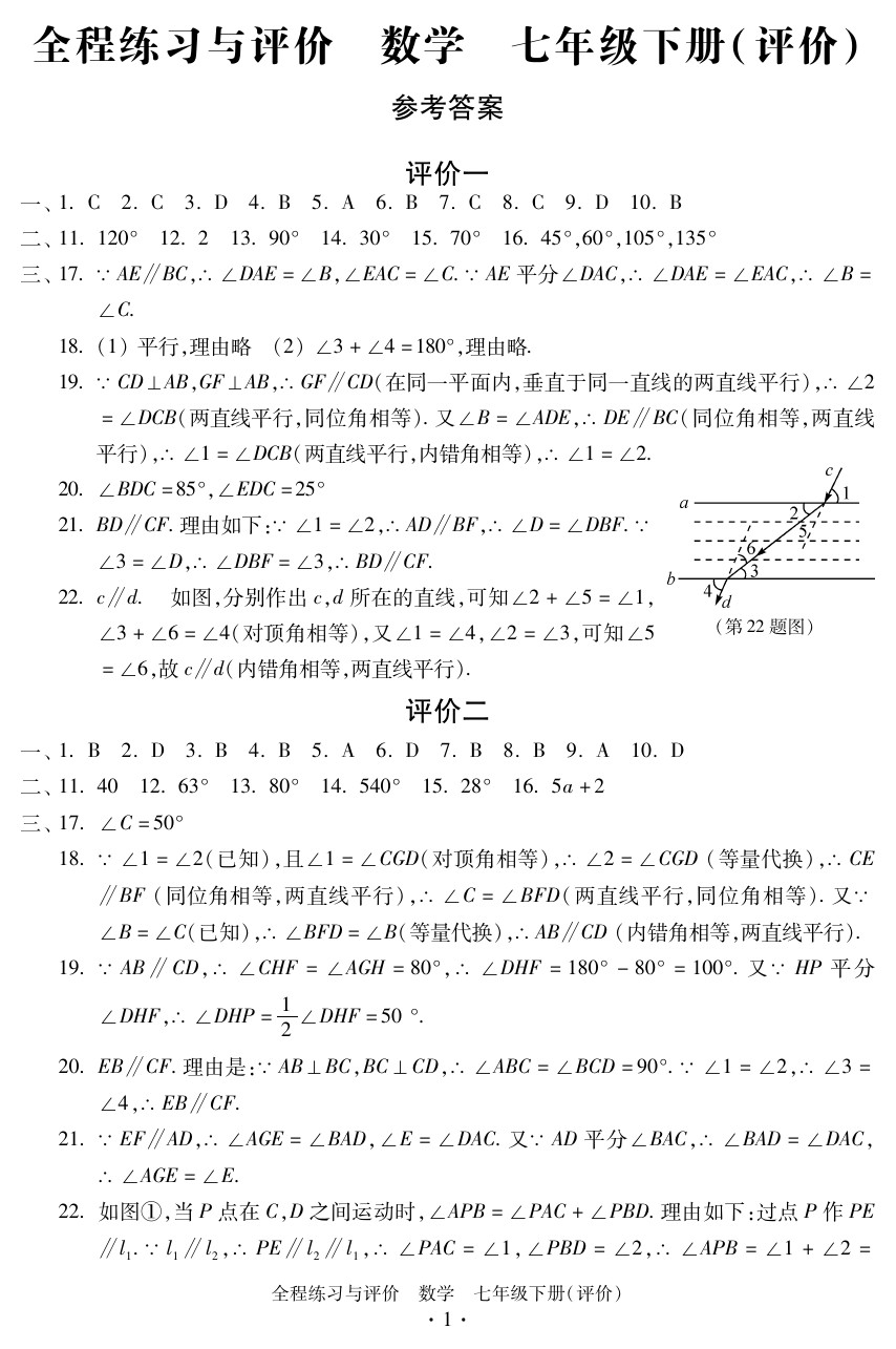 2020年全程练习与评价七年级数学下册人教版评价专版