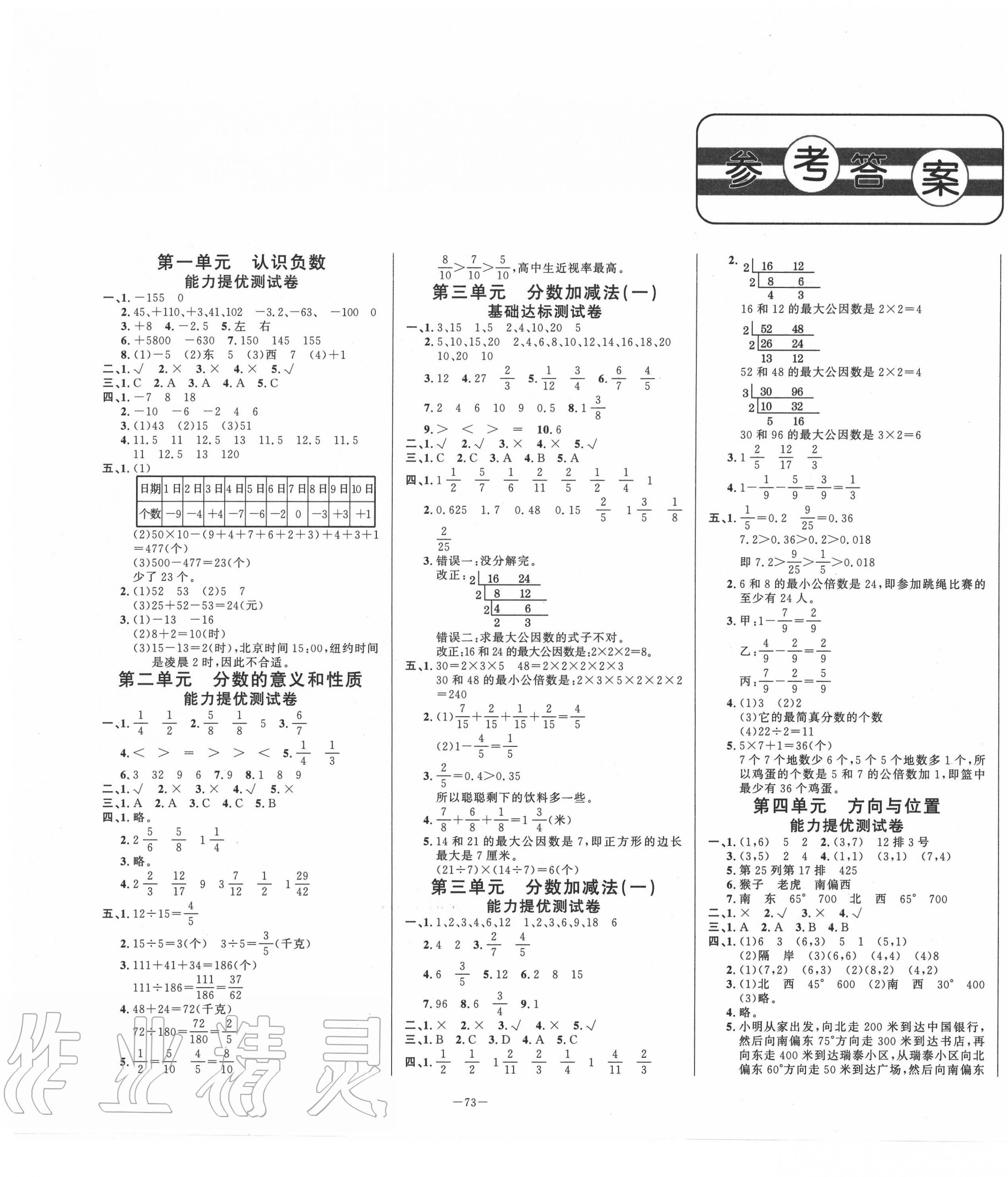 2022年单元测试卷山东文艺出版社五年级数学下册青岛版第1页参考答案