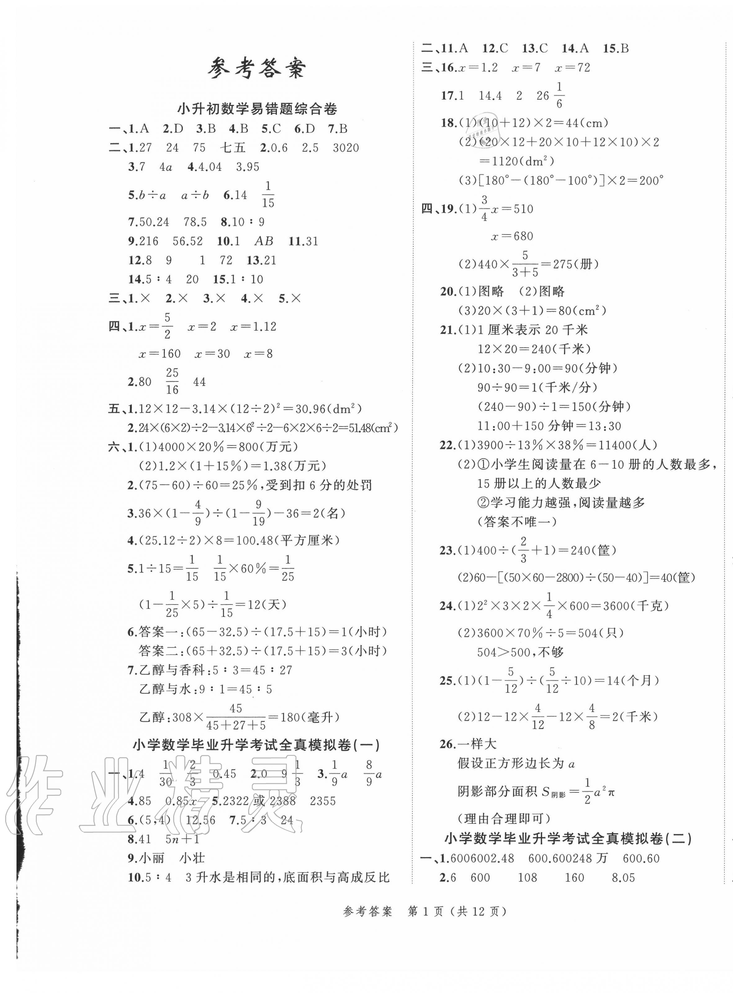 2020年名师面对面小考满分特训卷六年级数学小升初用书人教版