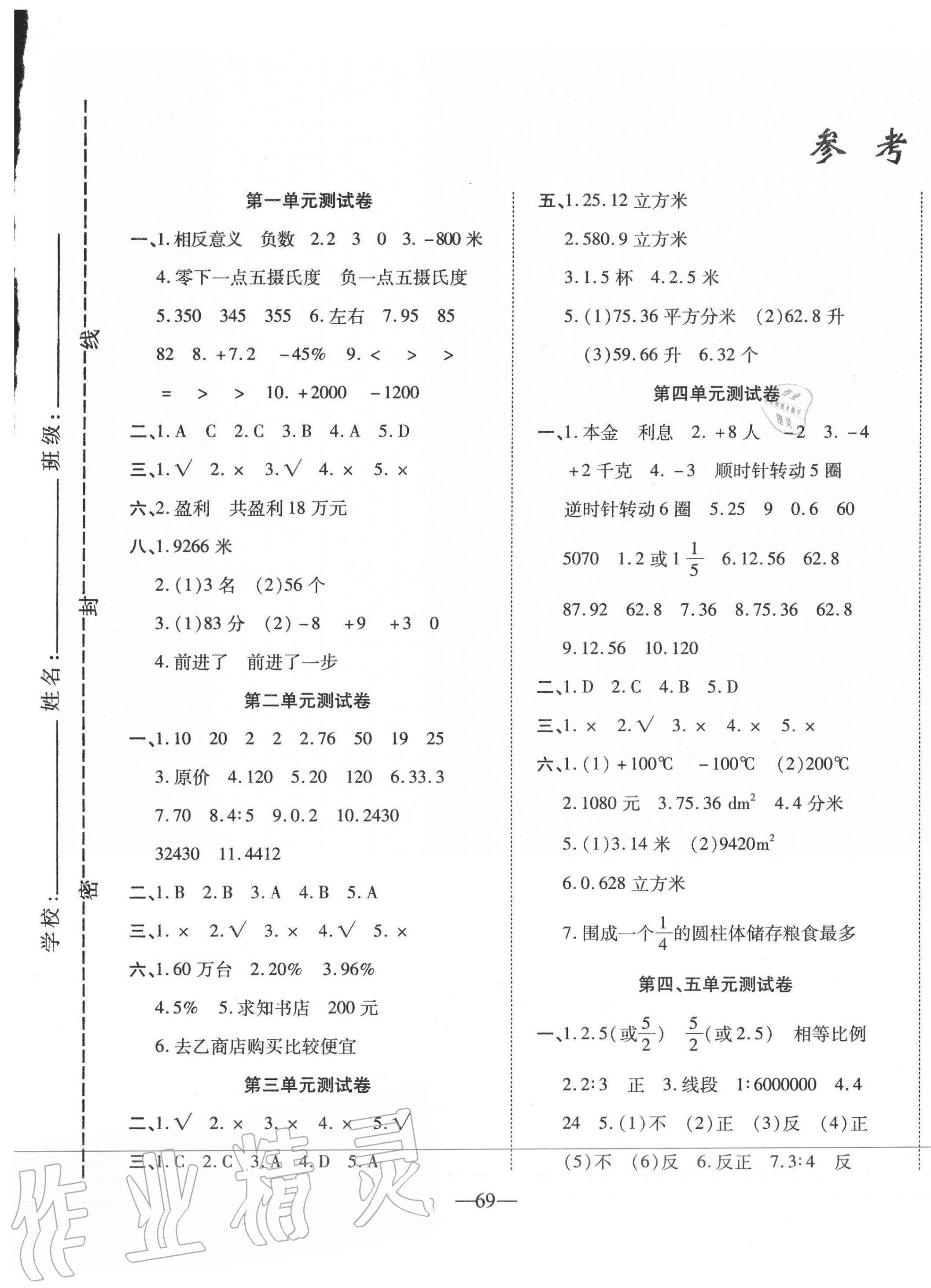 2021年名题金卷六年级数学下册人教版第1页参考答案