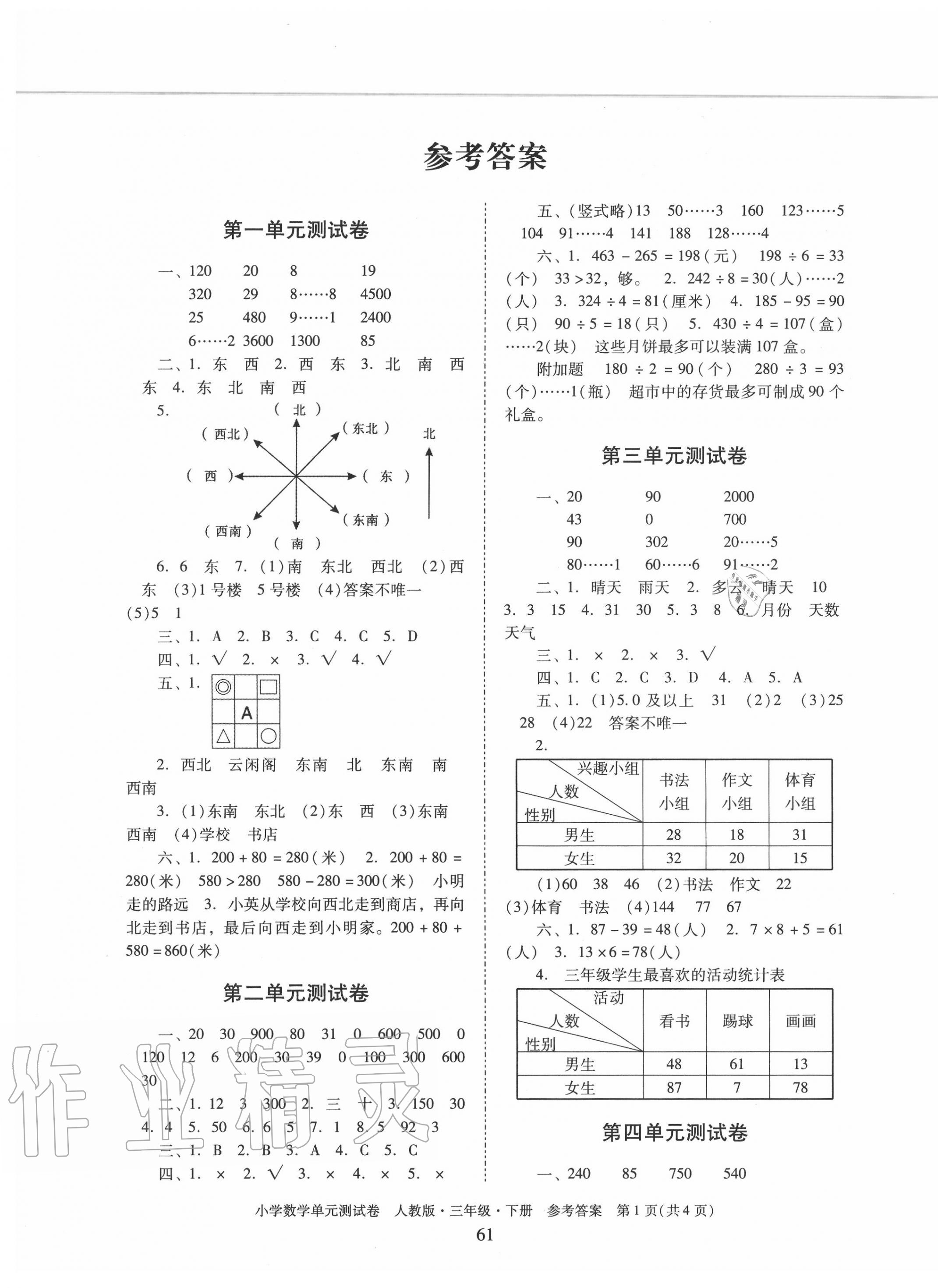 2020年单元测试卷小学数学三年级下册人教版广东人民出版社答案——青