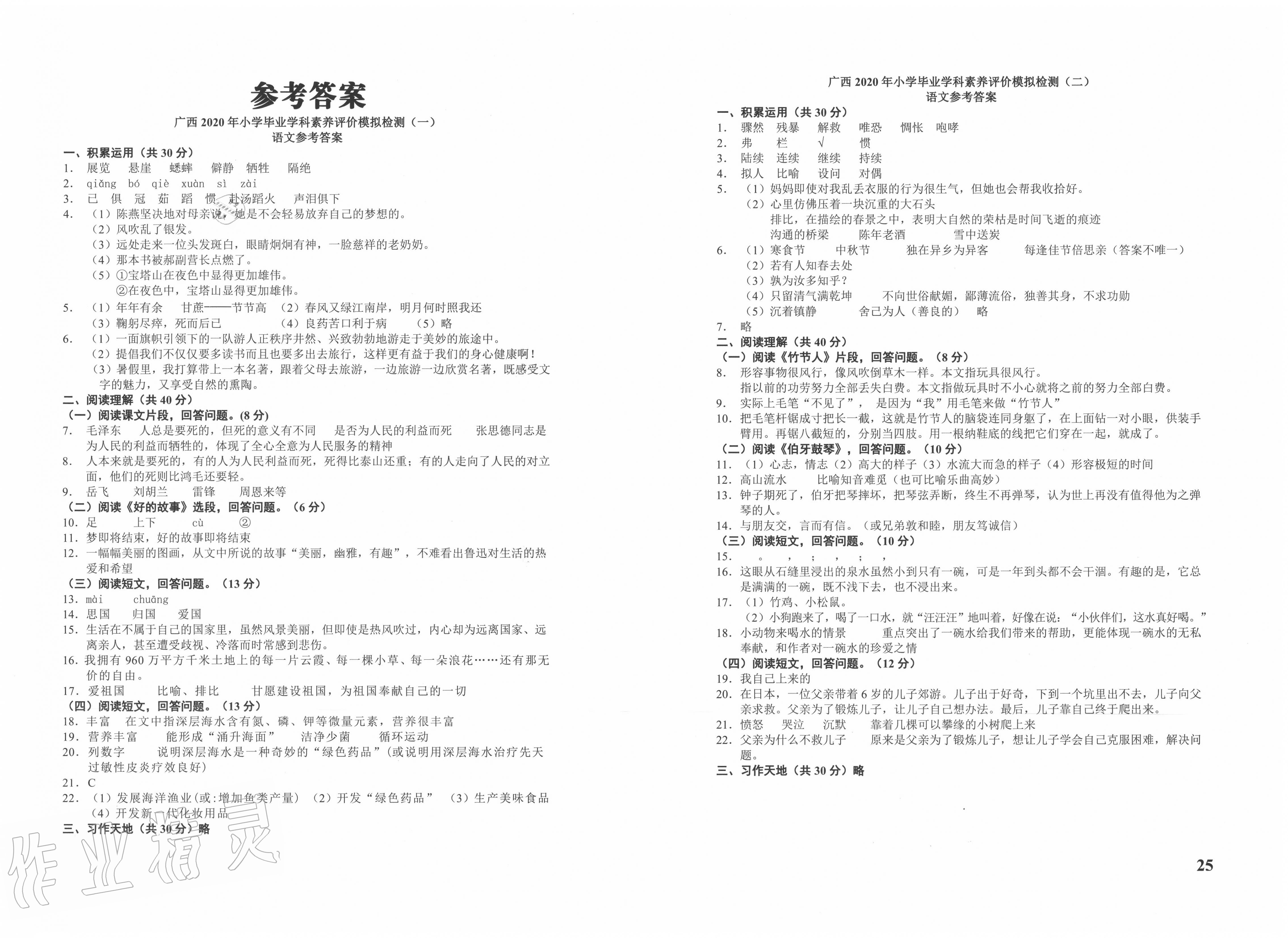 2020年小考王小升初名校招生分班语文真题与模拟卷广西专版