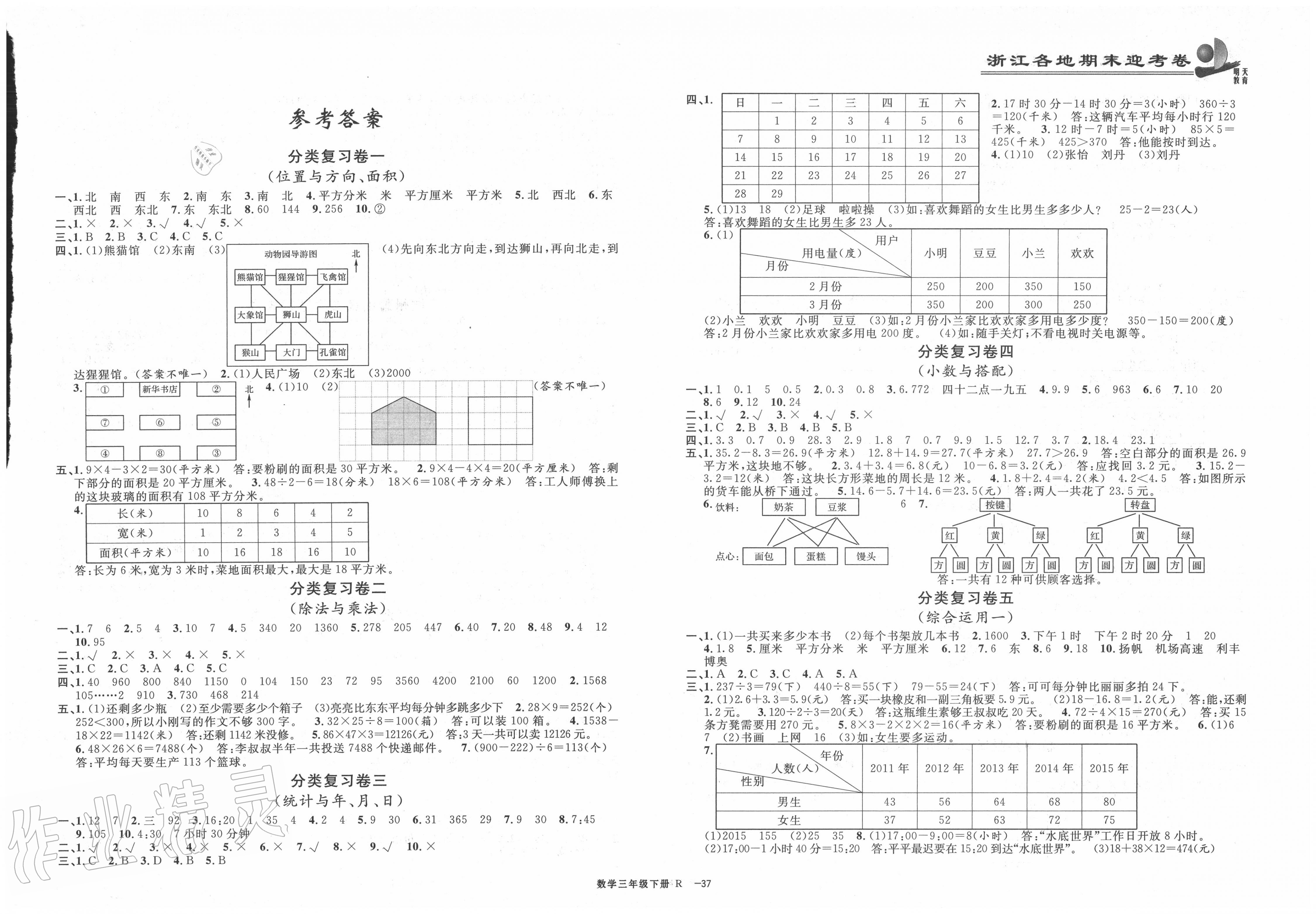 2020年浙江各地期末迎考卷三年级数学上册人教版第1页参考答案