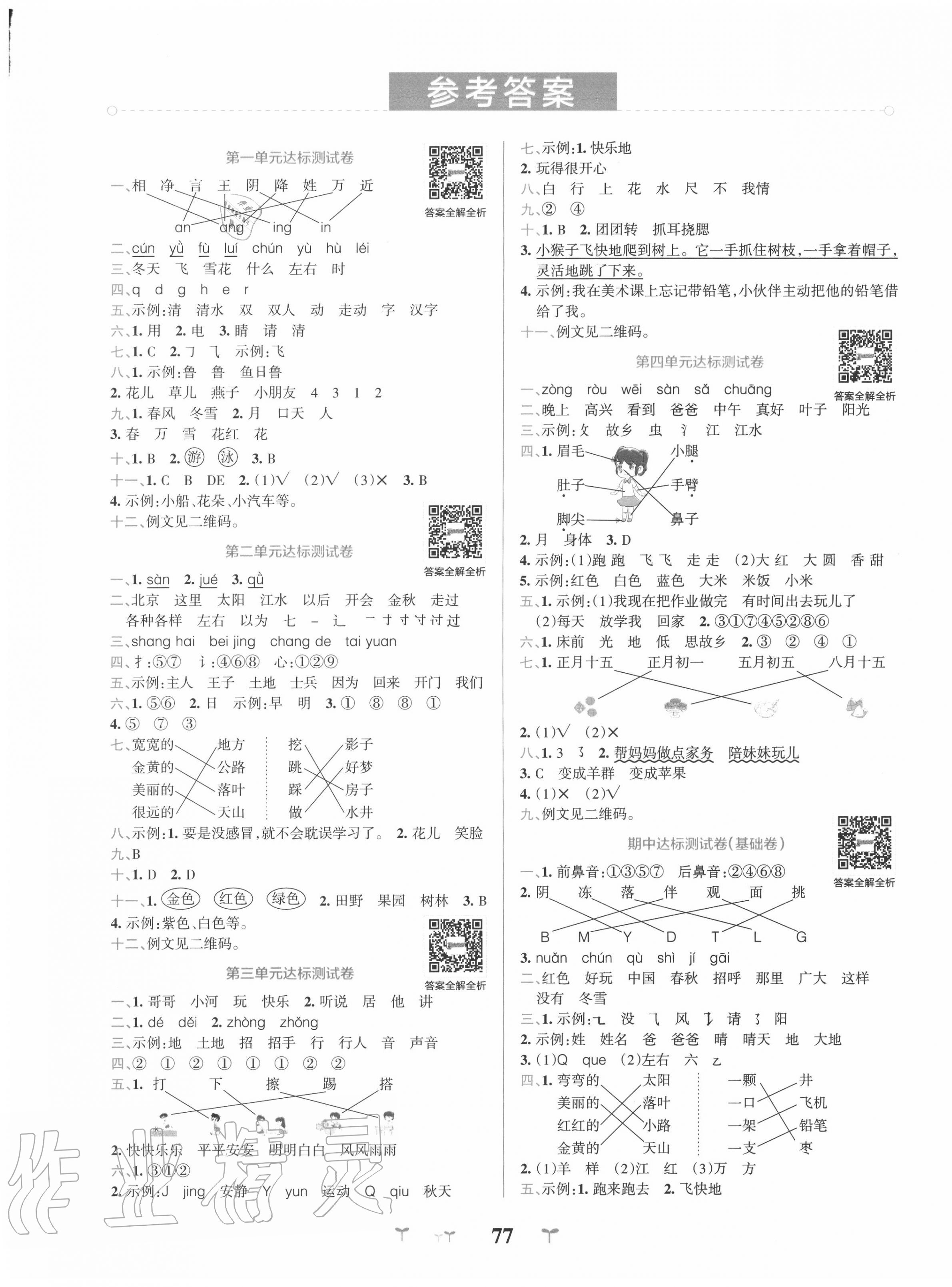 2021年小学学霸冲a卷一年级语文下册人教版第1页参考答案