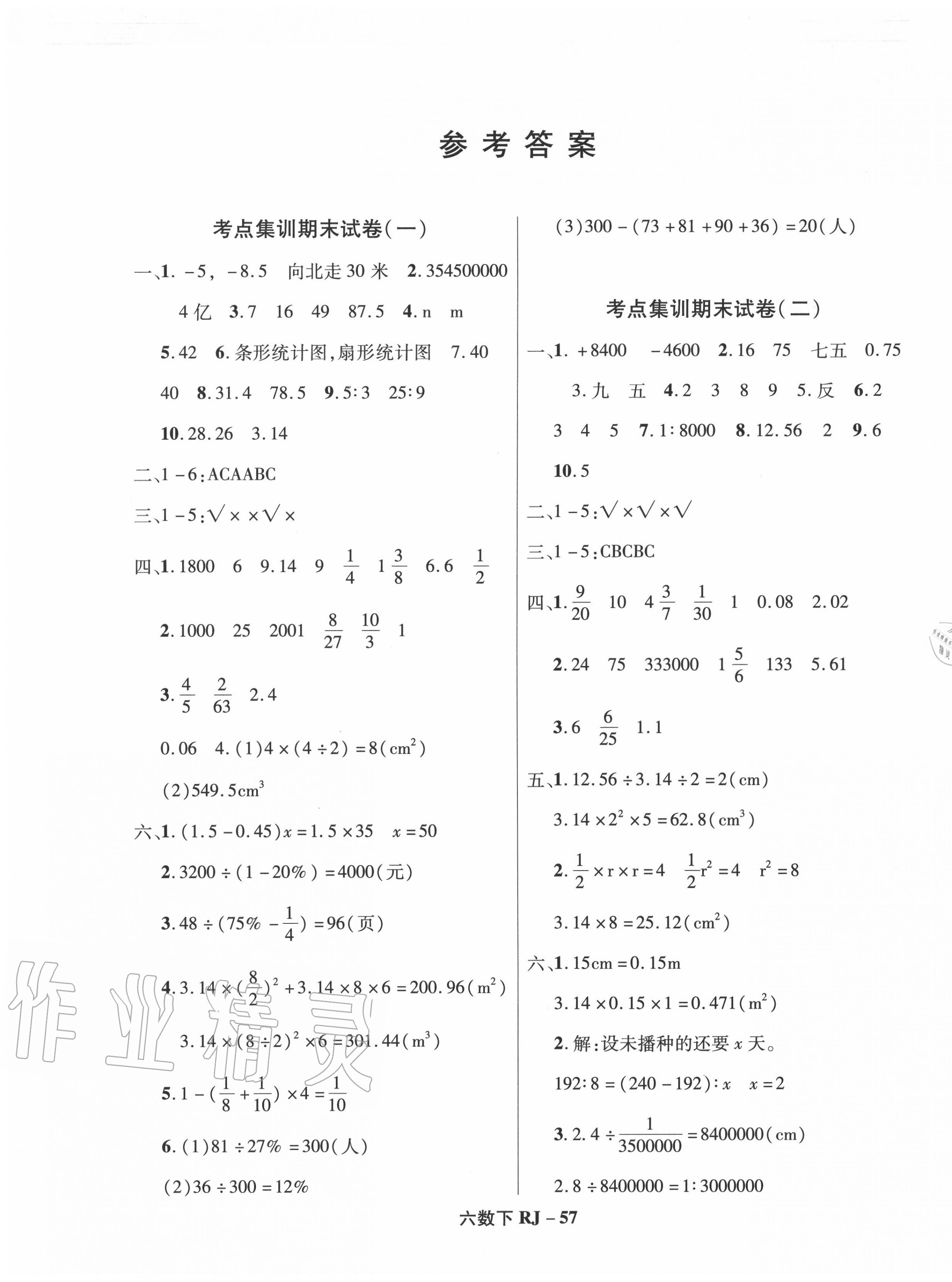 2020年尖兵题典期末练六年级数学下册人教版答案—青夏教育精英家教