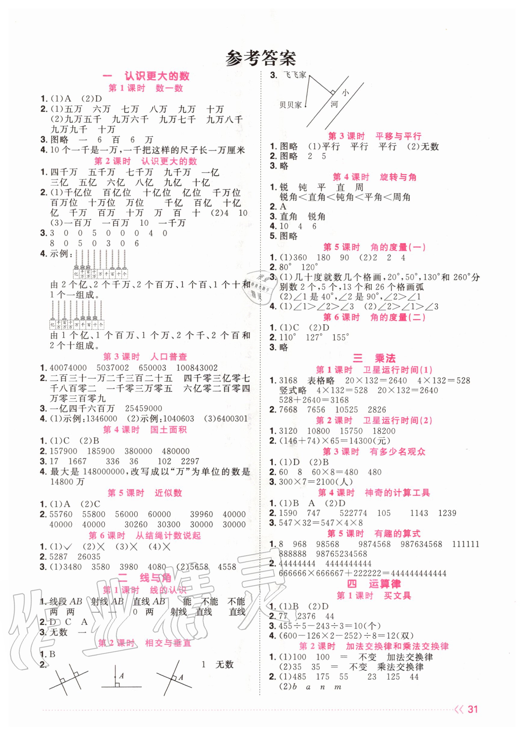 2022年阳光同学课时优化作业四年级数学下册北师大版第1页参考答案