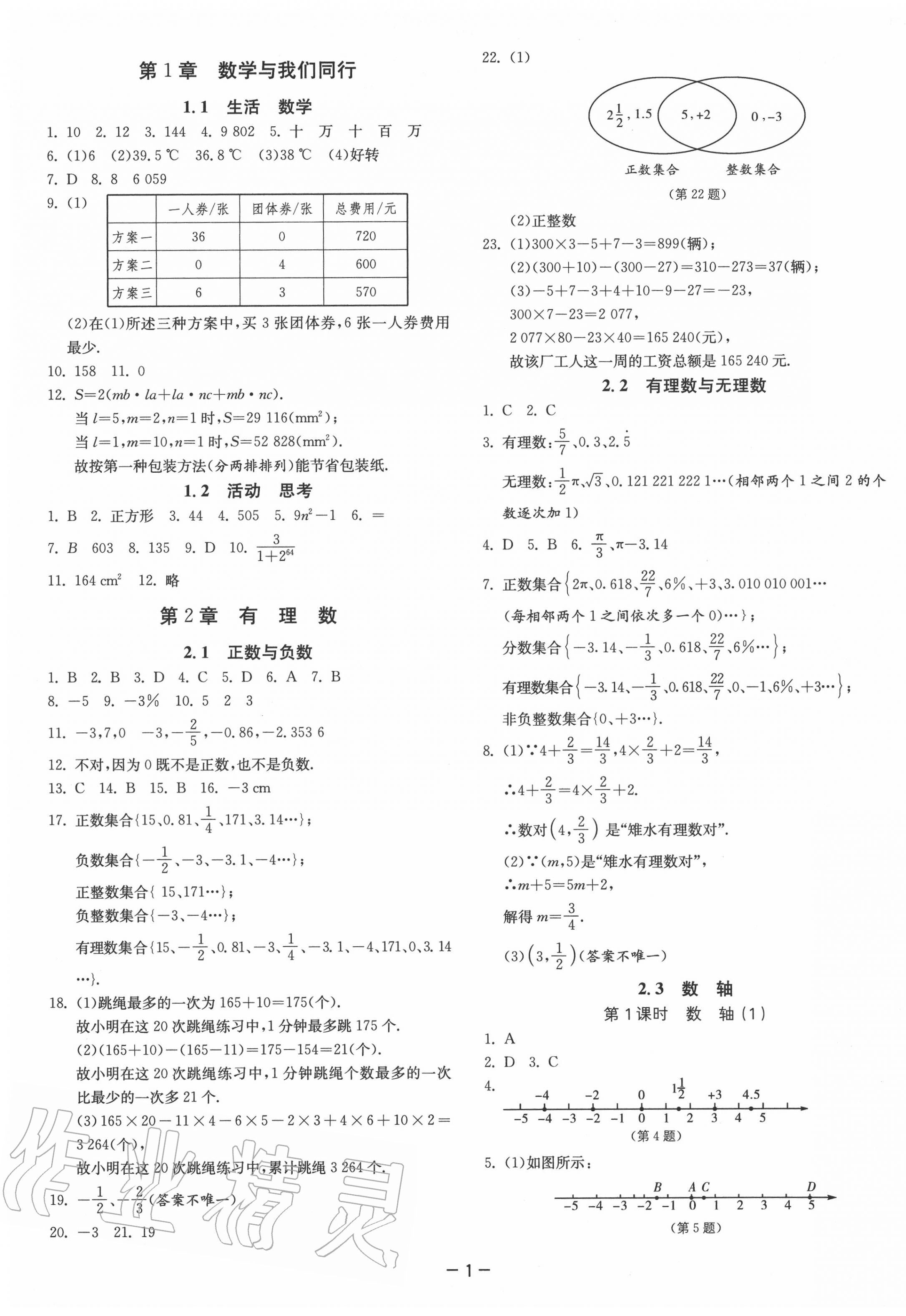 2021年课时训练七年级数学上册苏科版江苏人民出版社参考答案第1页