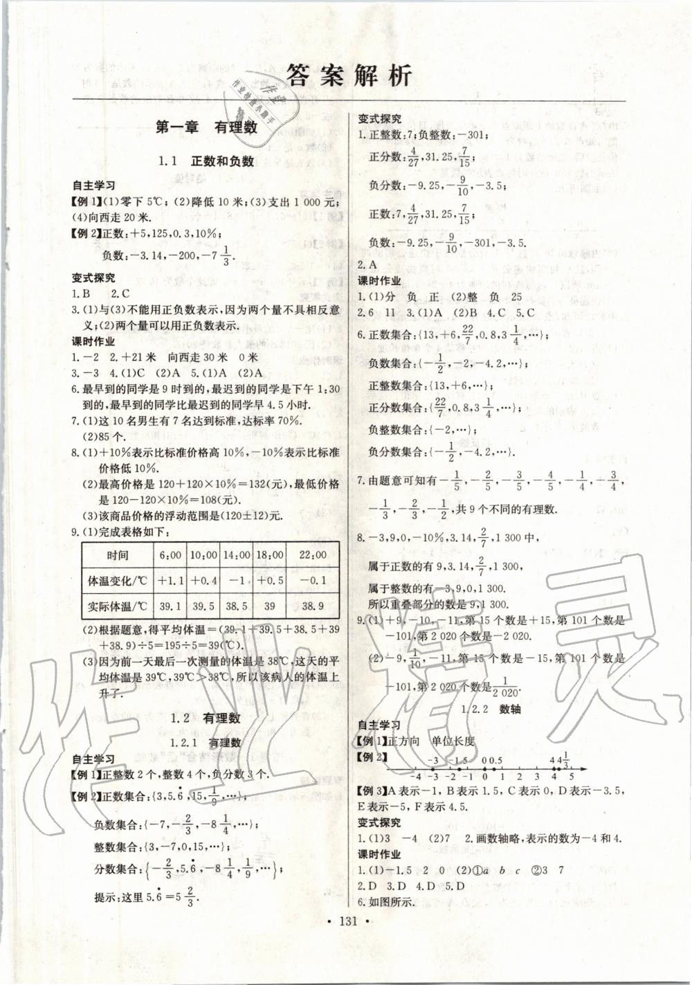 2020年长江全能学案同步练习册七年级数学上册人教版答案—青夏教育