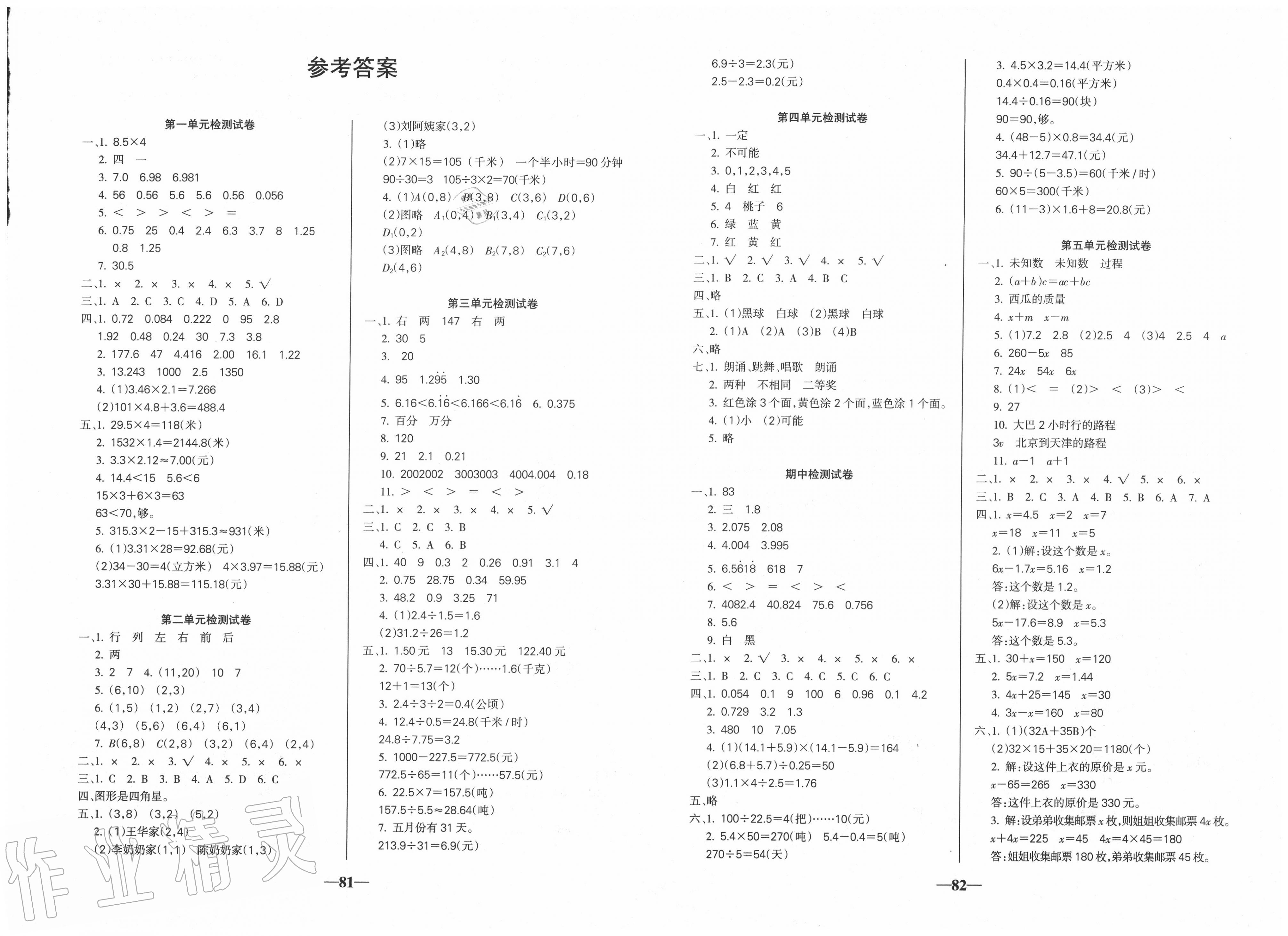 2020年名师点睛满分试卷五年级数学上册人教版第1页参考答案