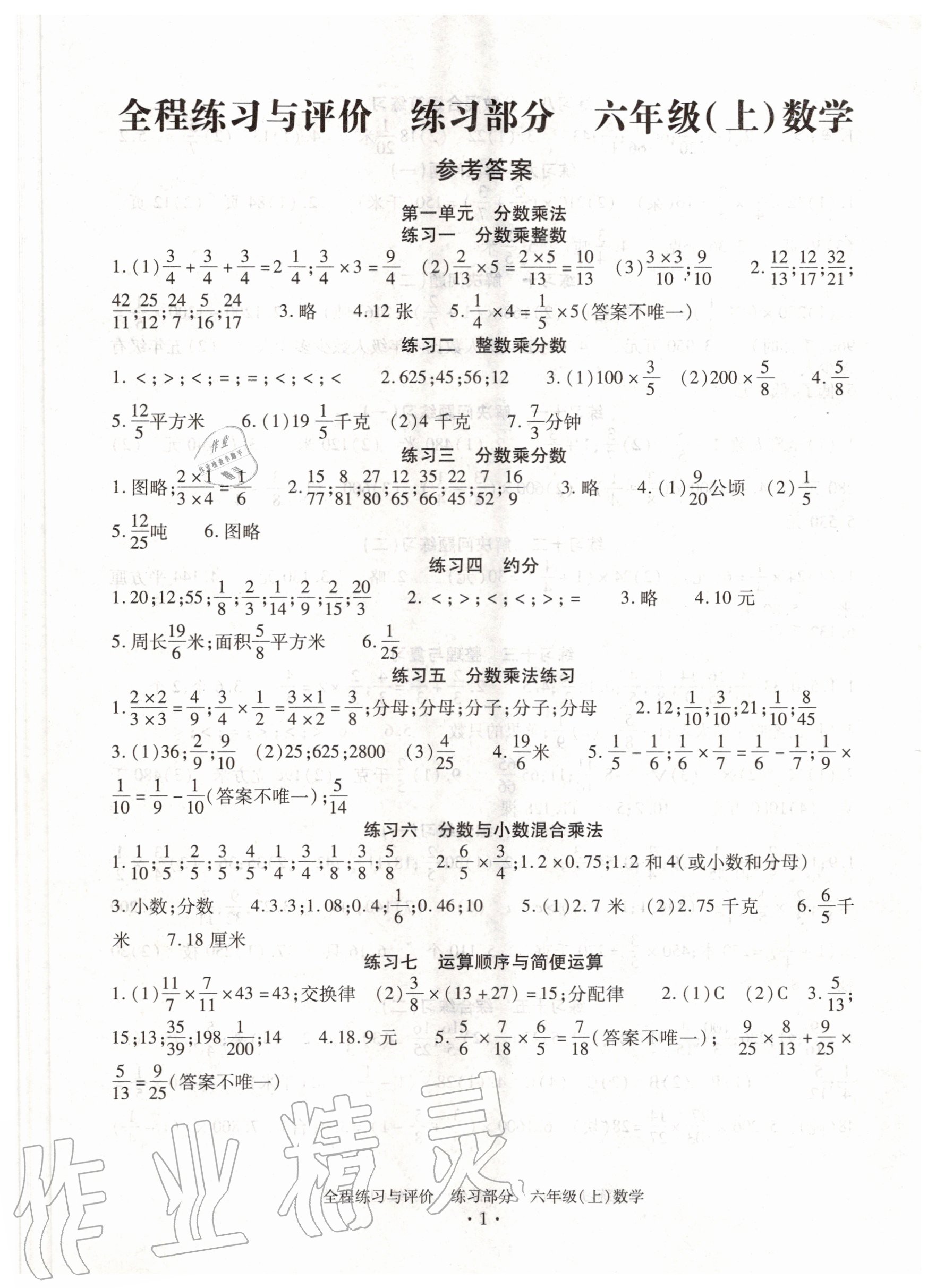 2020年全程练习与评价六年级数学上册人教版