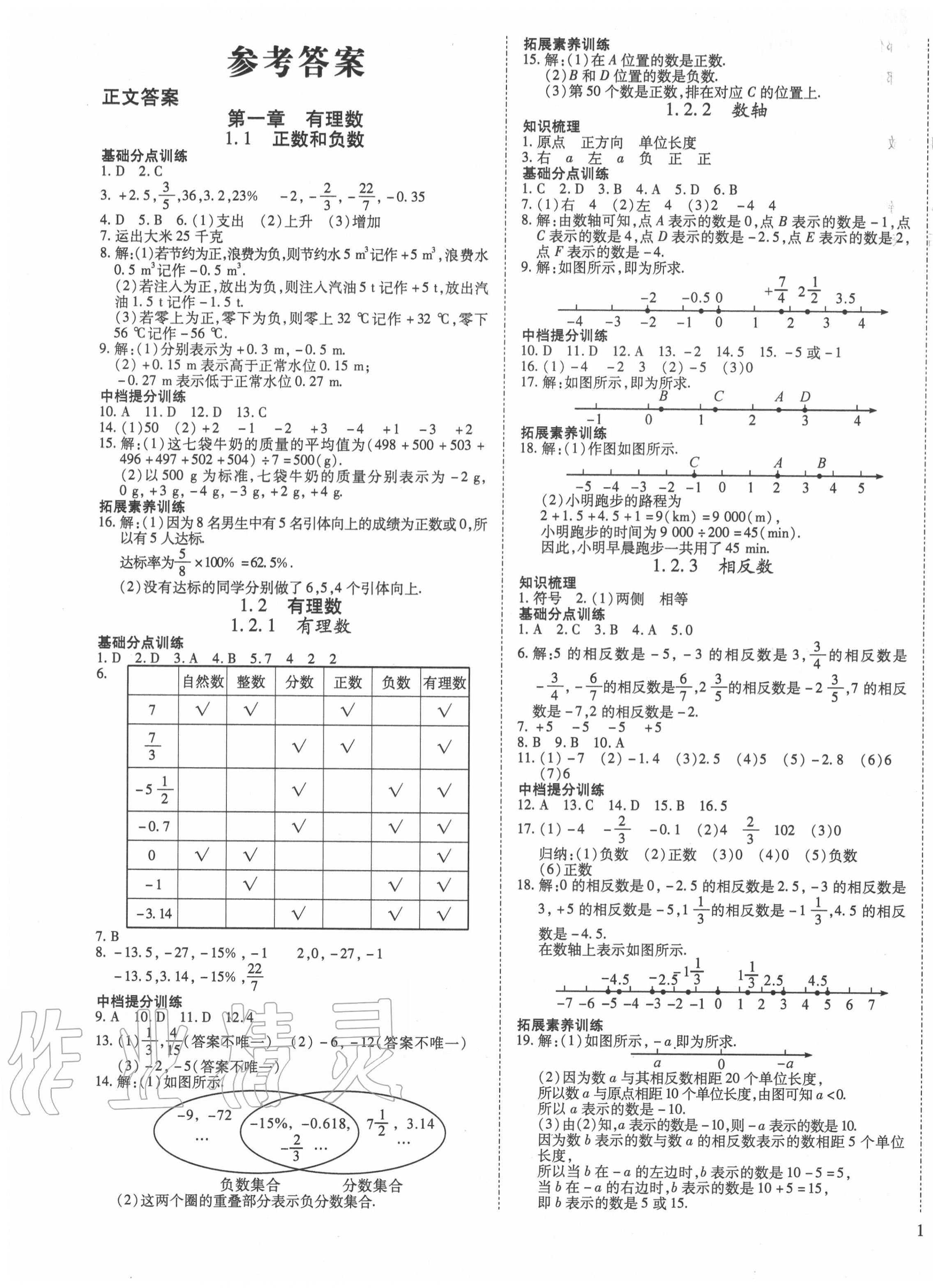 练习册 2020年我的作业七年级数学上册人教版