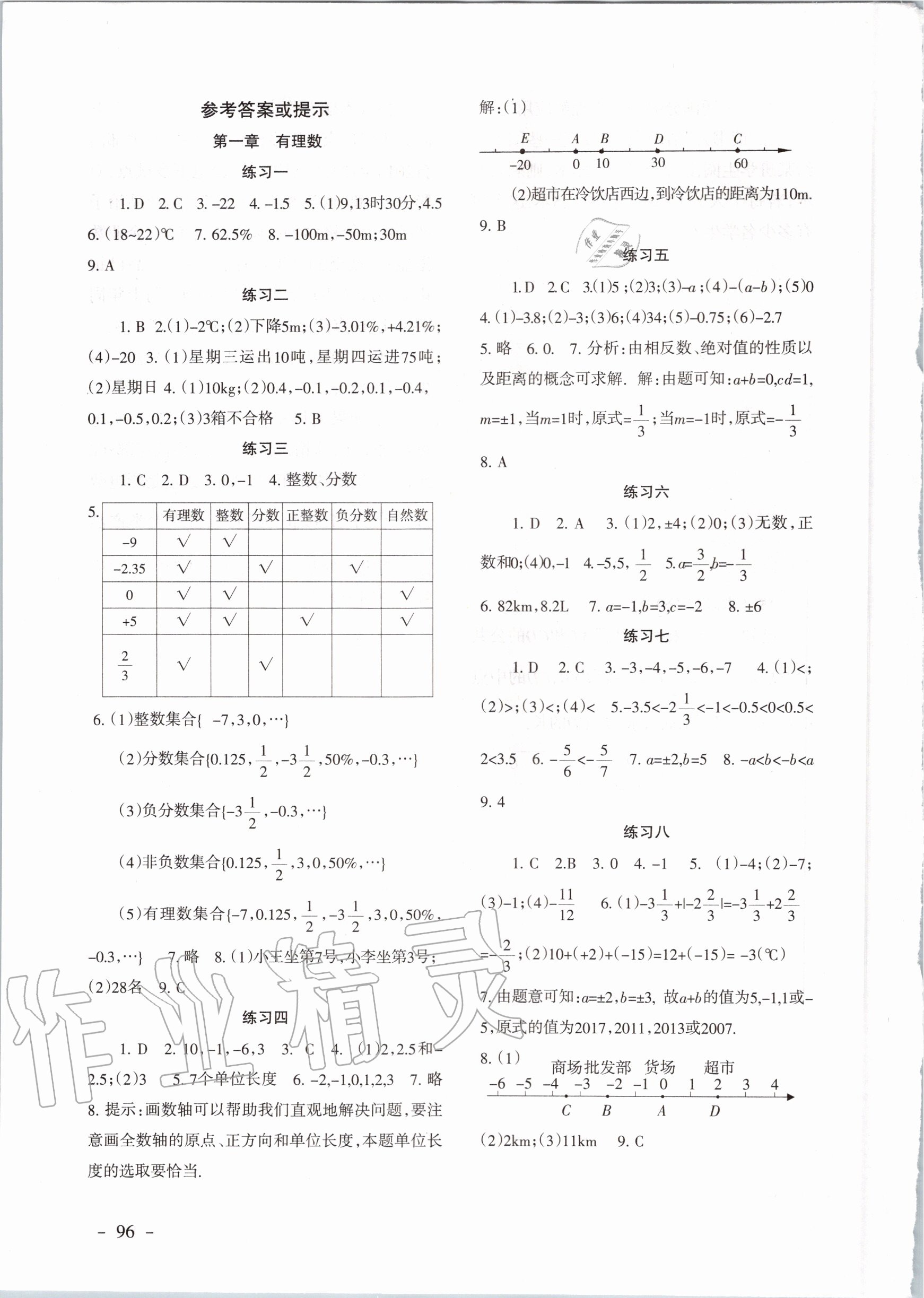 2020年数学配套综合练习七年级上册人教版答案