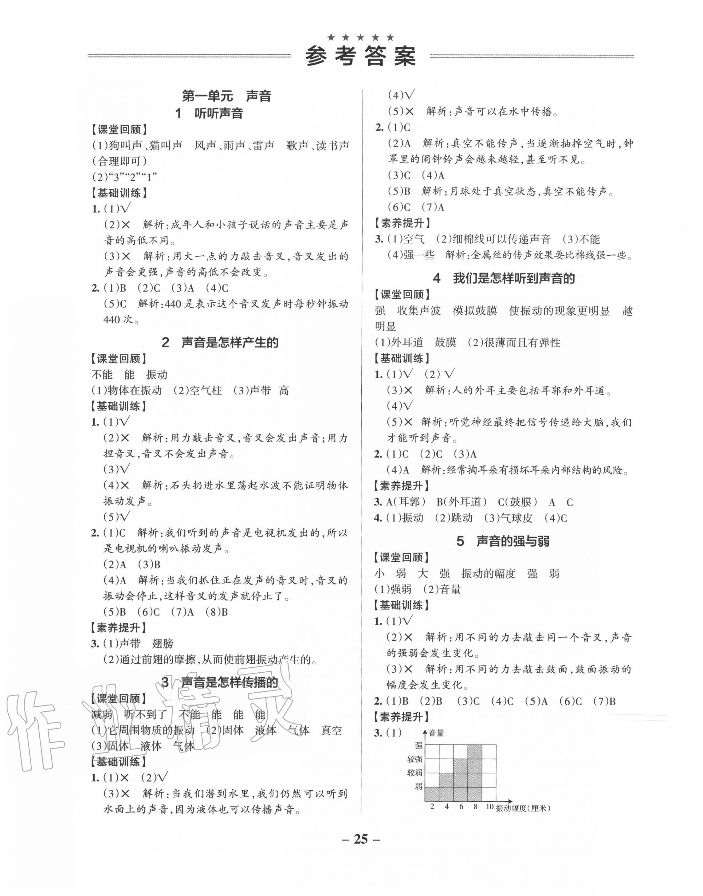 2020年小学学霸作业本四年级科学上册教科版 参考答案第1页 参考