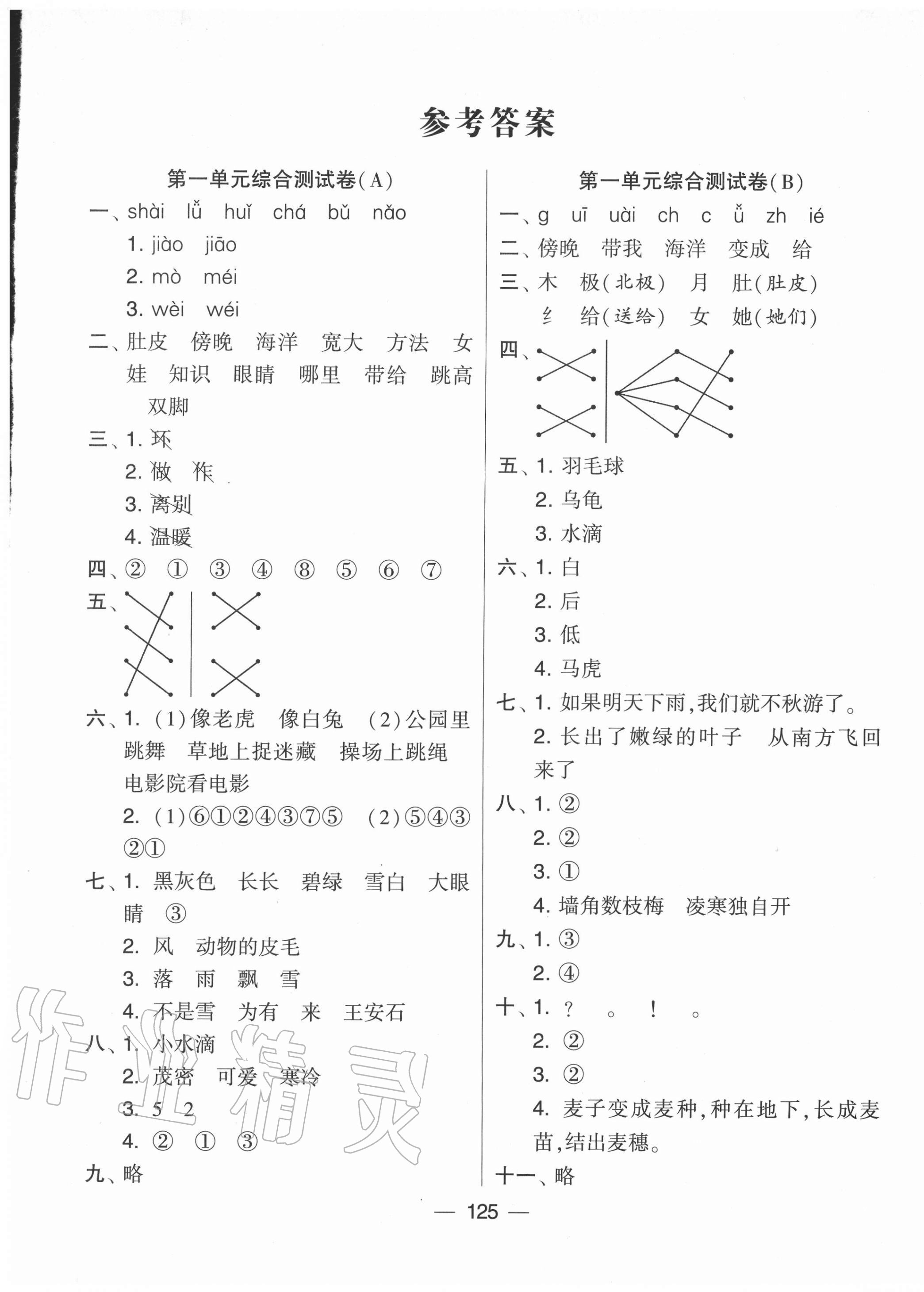 2022年学霸提优大试卷二年级语文上册人教版第1页参考答案