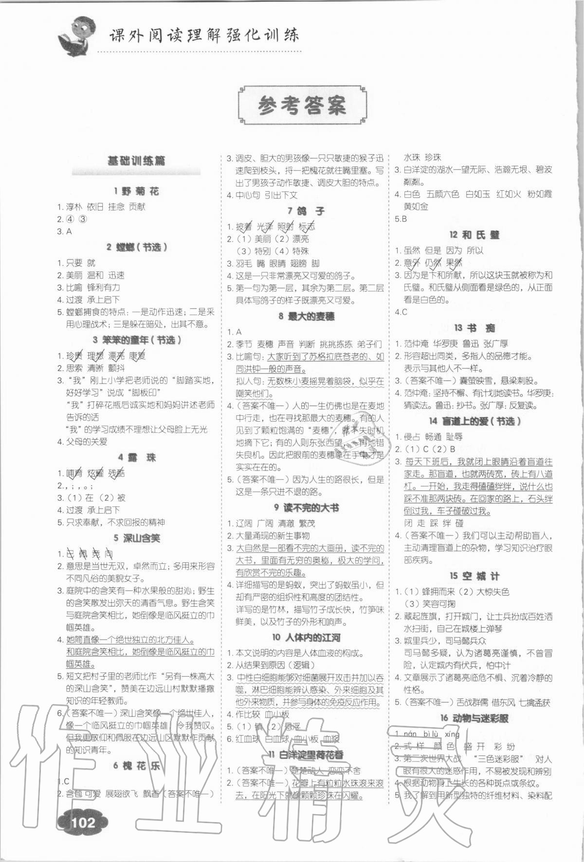 2020年课外阅读理解强化训练五年级语文全一册人教版答案