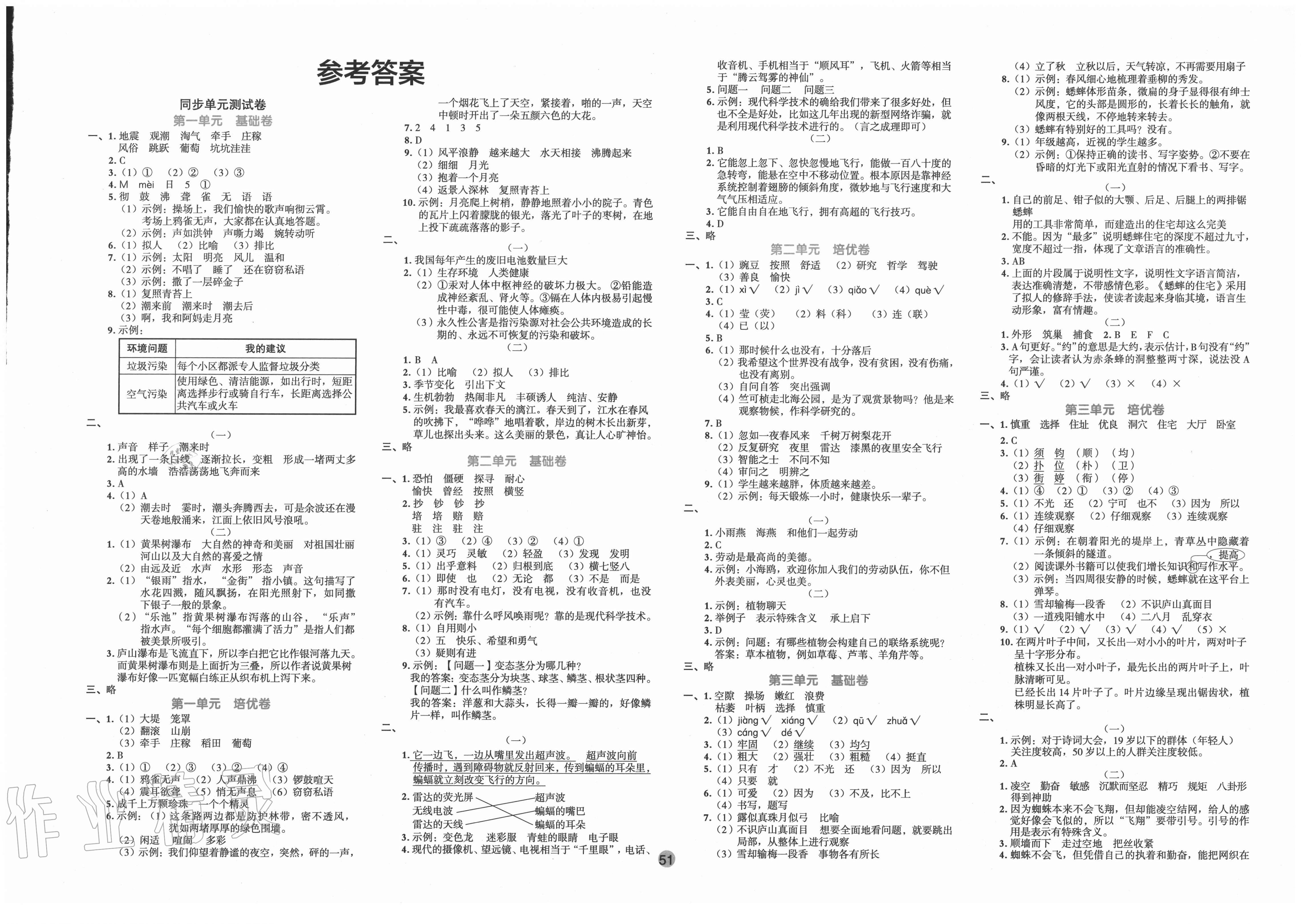 2021年全优单元大卷四年级语文下册人教版第1页参考答案