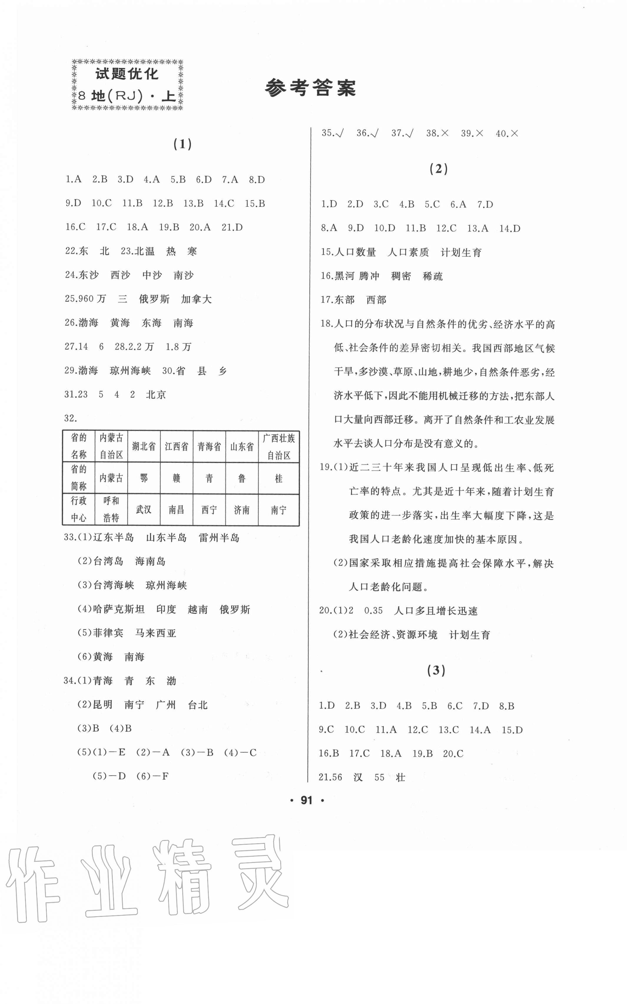 2020年试题优化课堂同步八年级地理上册人教版答案