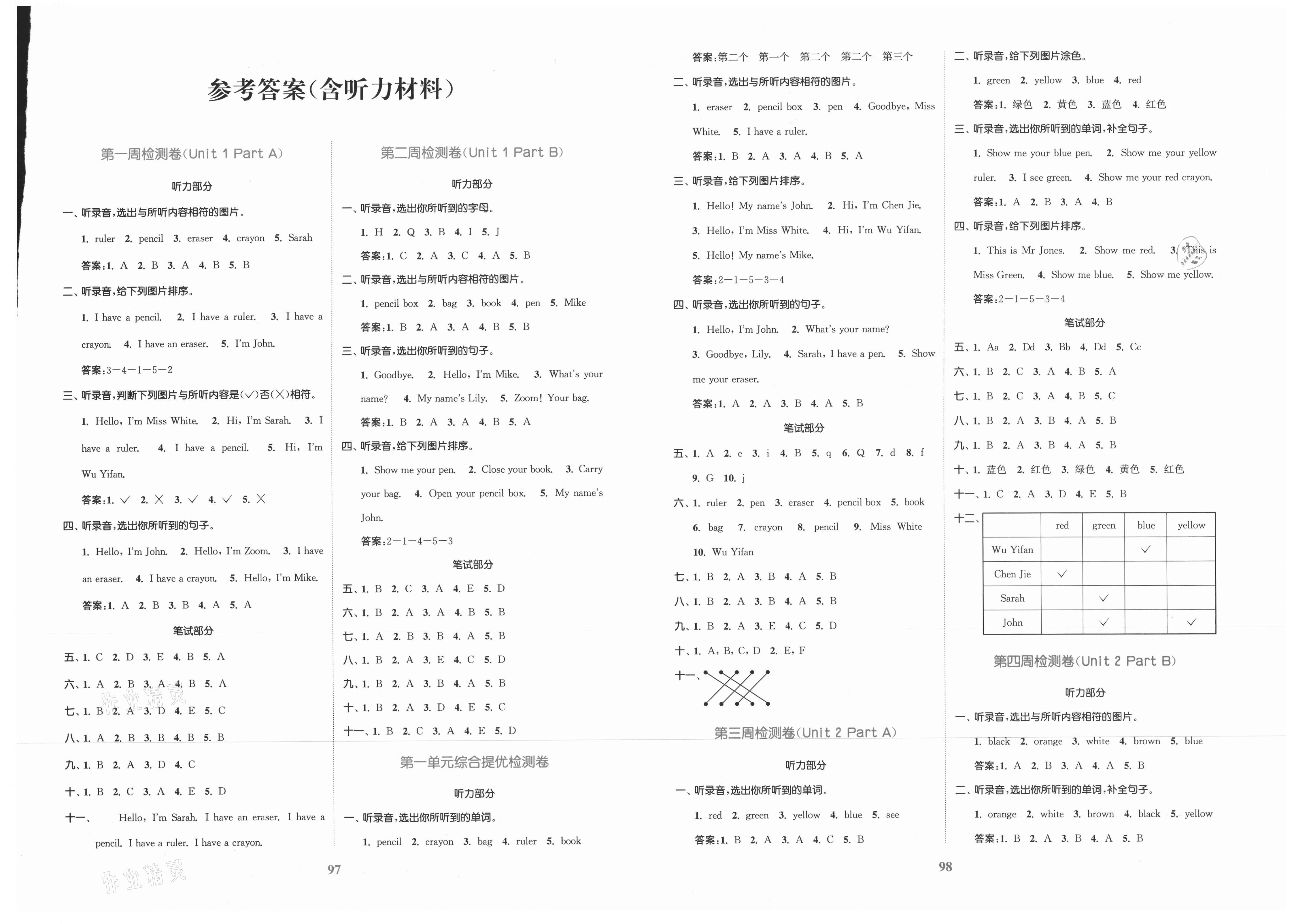 2020年同步跟踪大试卷三年级英语上册人教pep版答案