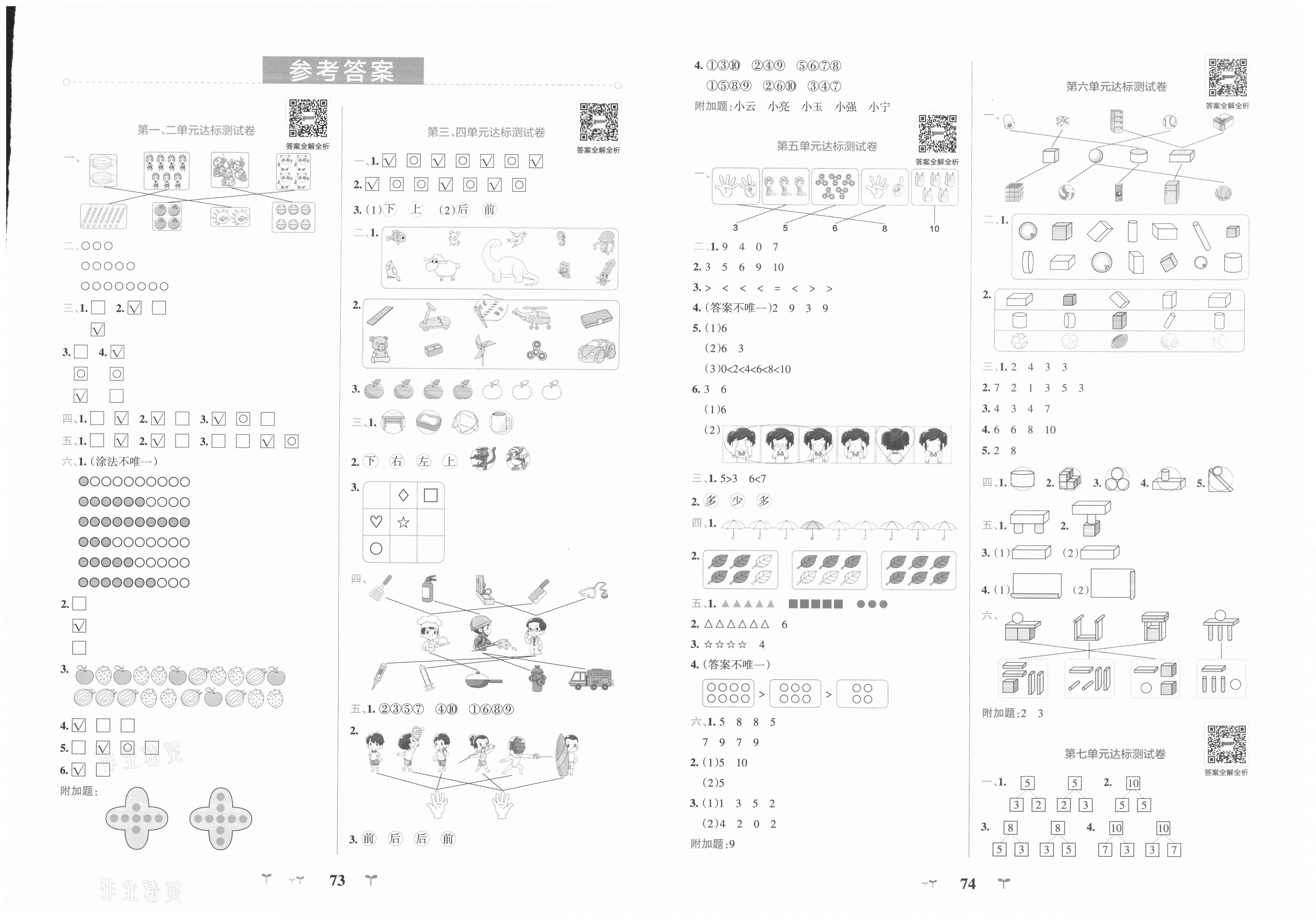 2021年小学学霸冲a卷一年级数学下册苏教版第1页参考答案