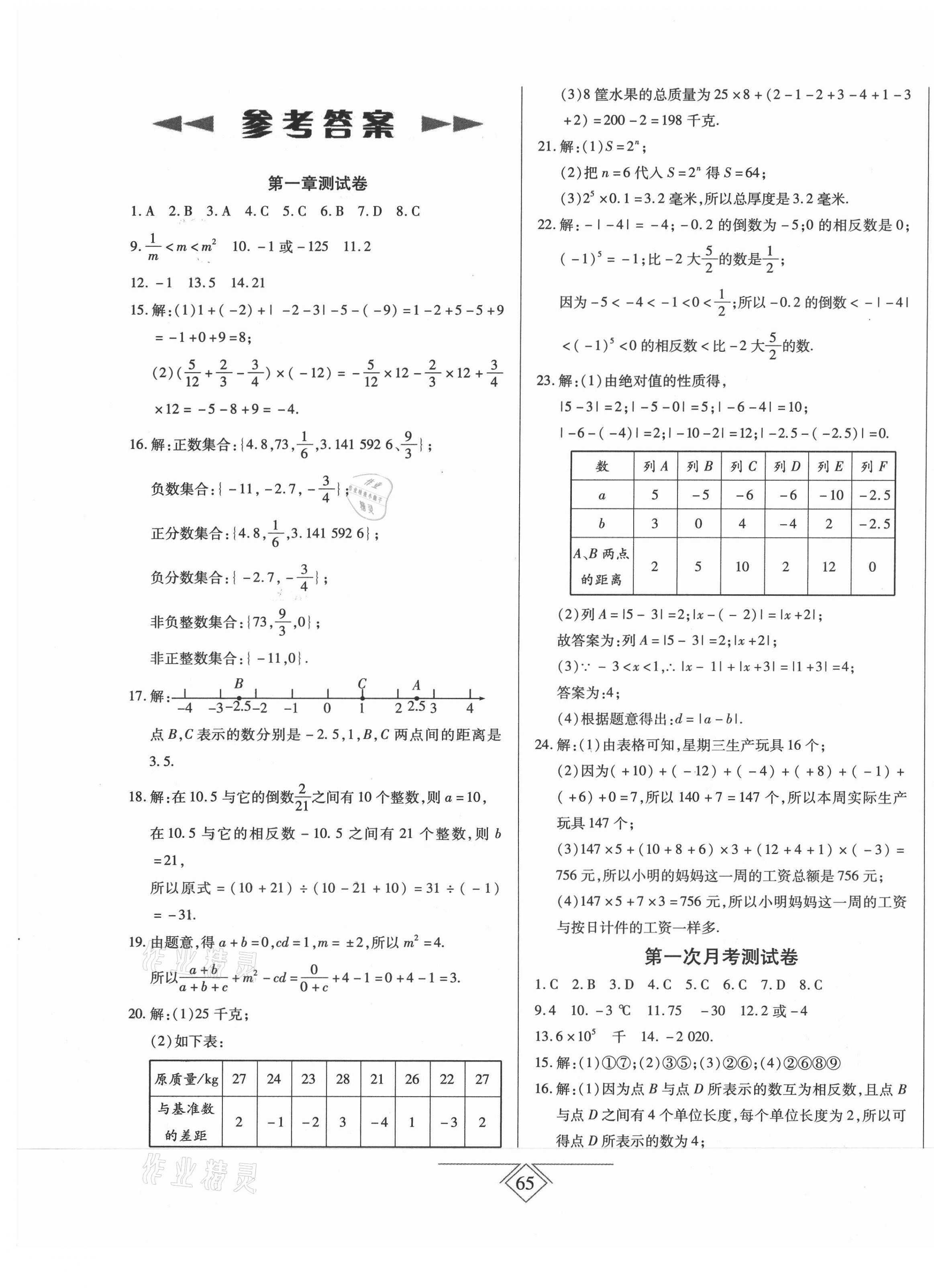 2020年同步导学必刷卷七年级数学上册人教版答案