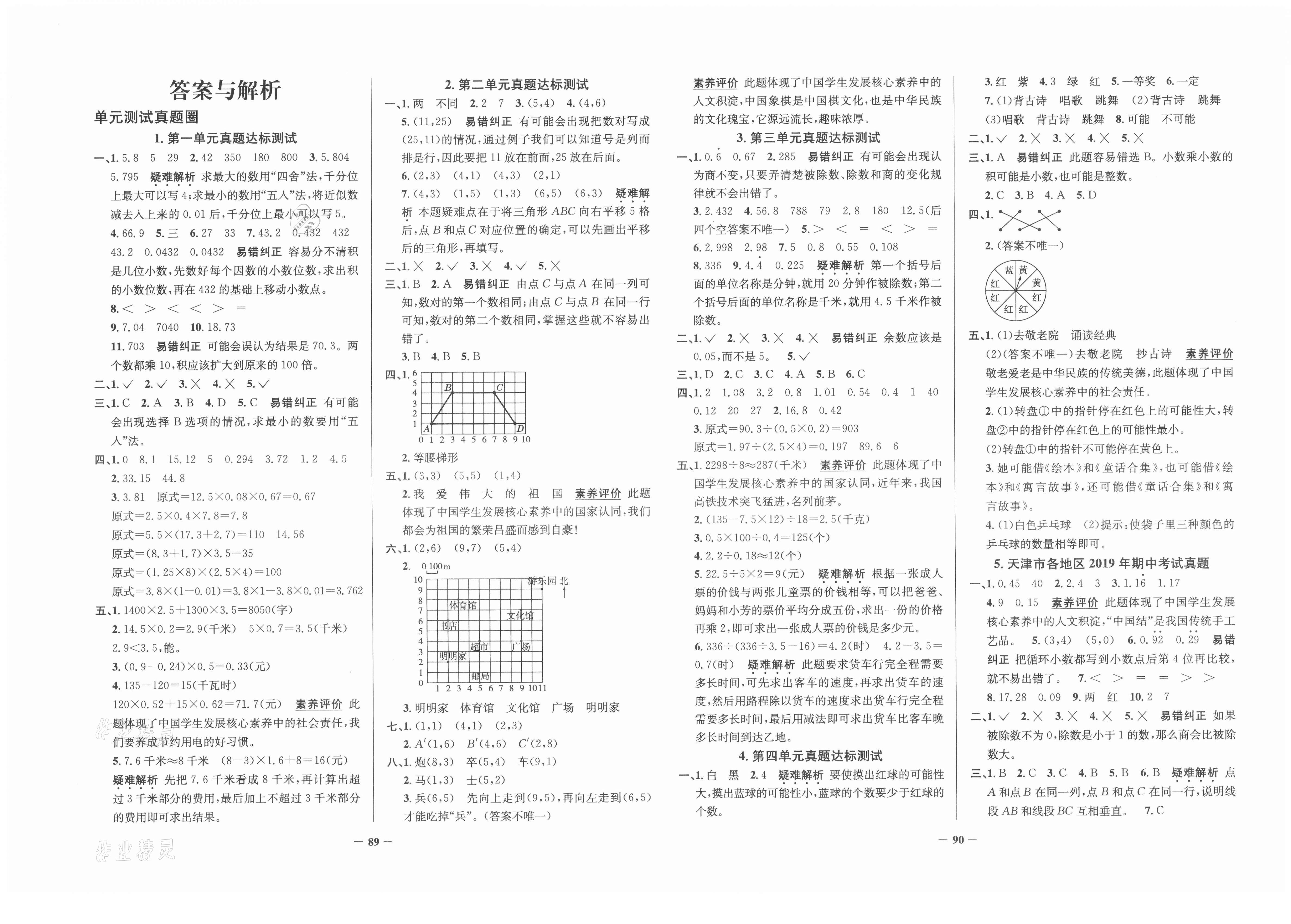 2020年真题圈天津市小学考试真卷三步练五年级数学上册人教版答案
