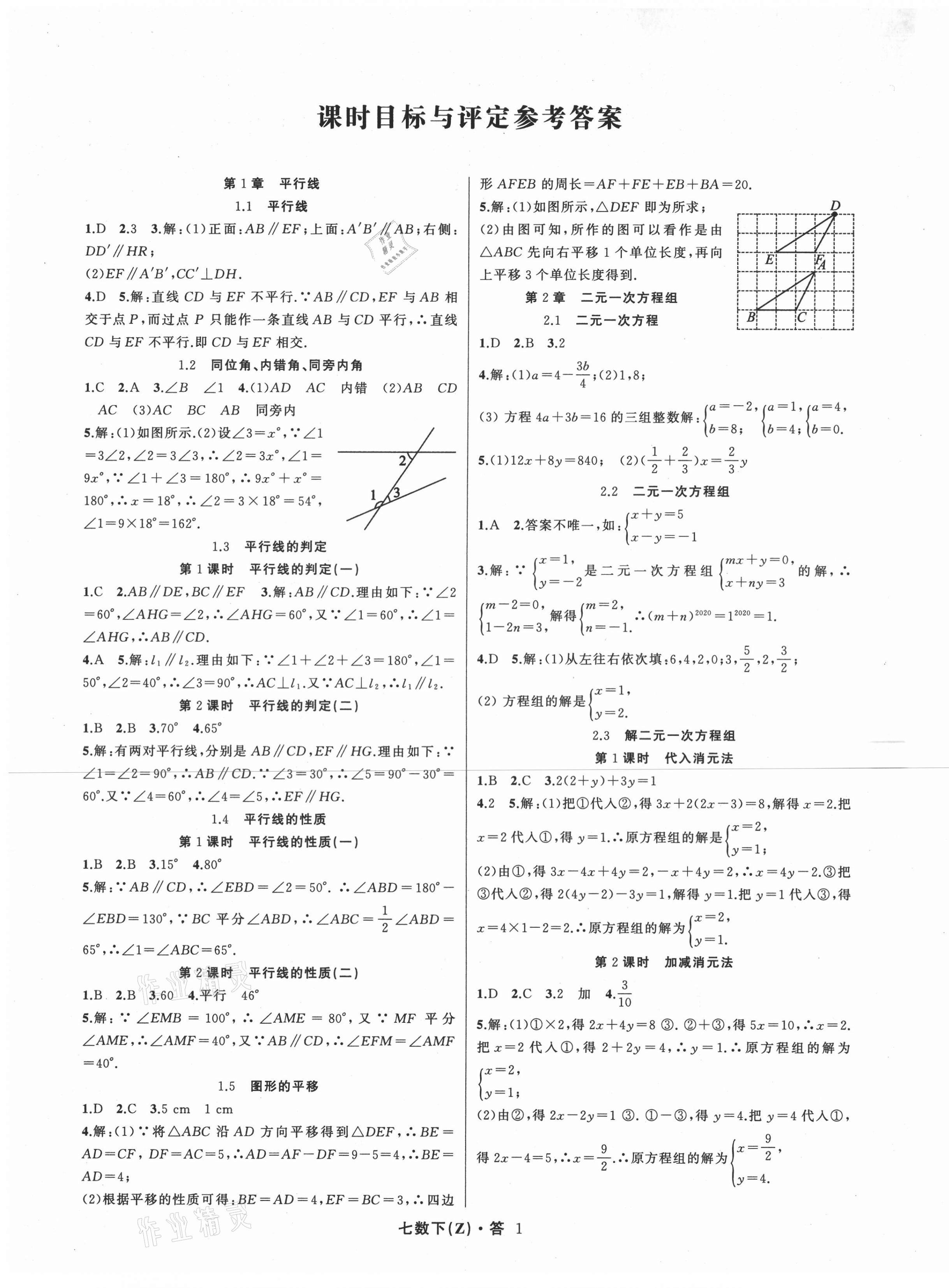 2022年名师面对面同步作业本七年级数学上册浙教版浙江专版参考答案第