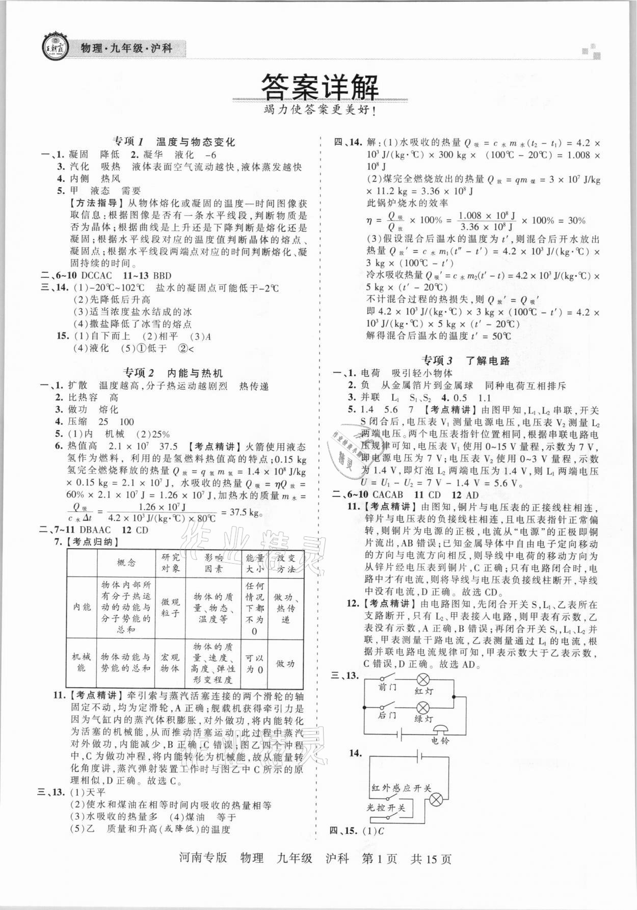 2020年王朝霞各地期末试卷精选九年级物理沪科版河南专版答案