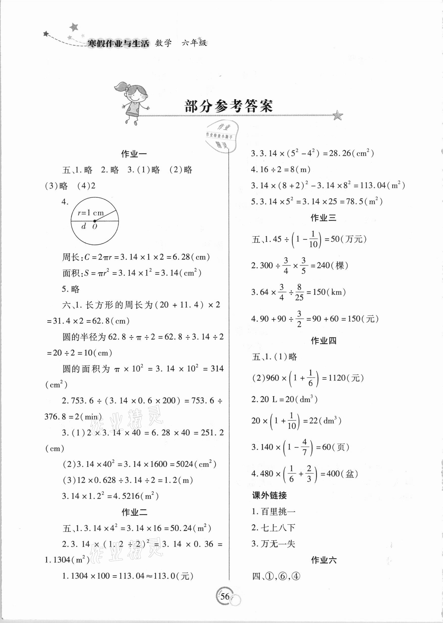 2021年寒假作业与生活六年级数学陕西师范大学出版总社参考答案第1页