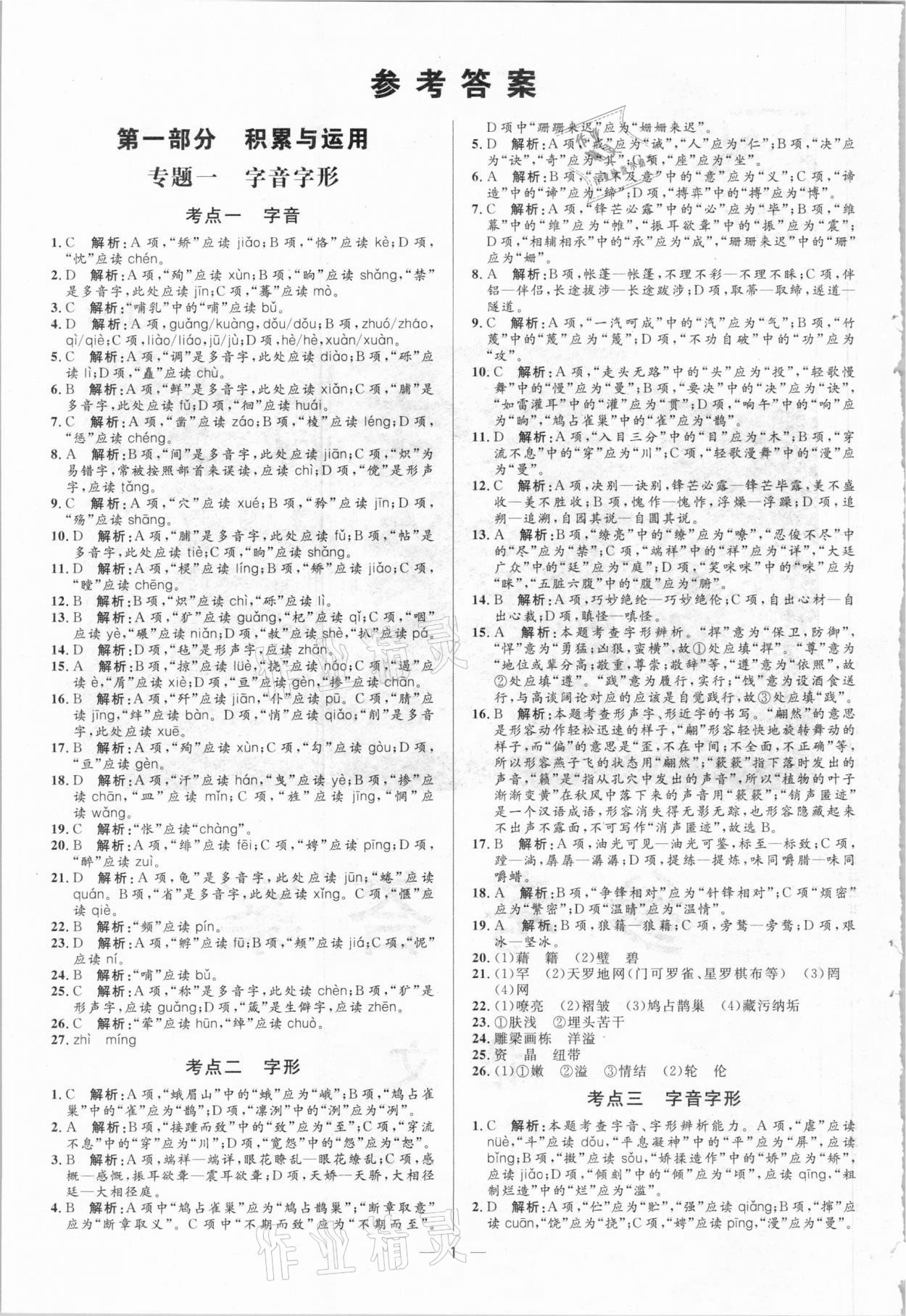 2021年正大图书中考真题分类卷语文 参考答案第1页