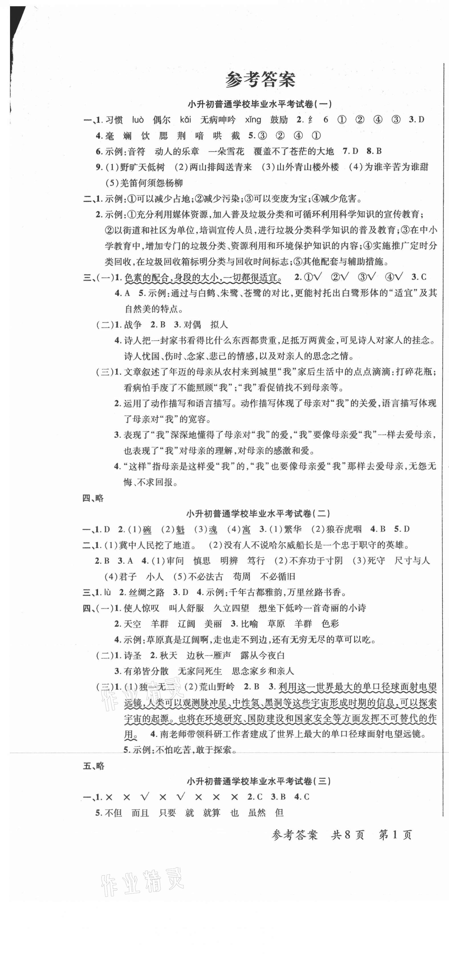 名师小学毕业模拟卷语文所有年代上下册答案大全——青夏教育精英家教
