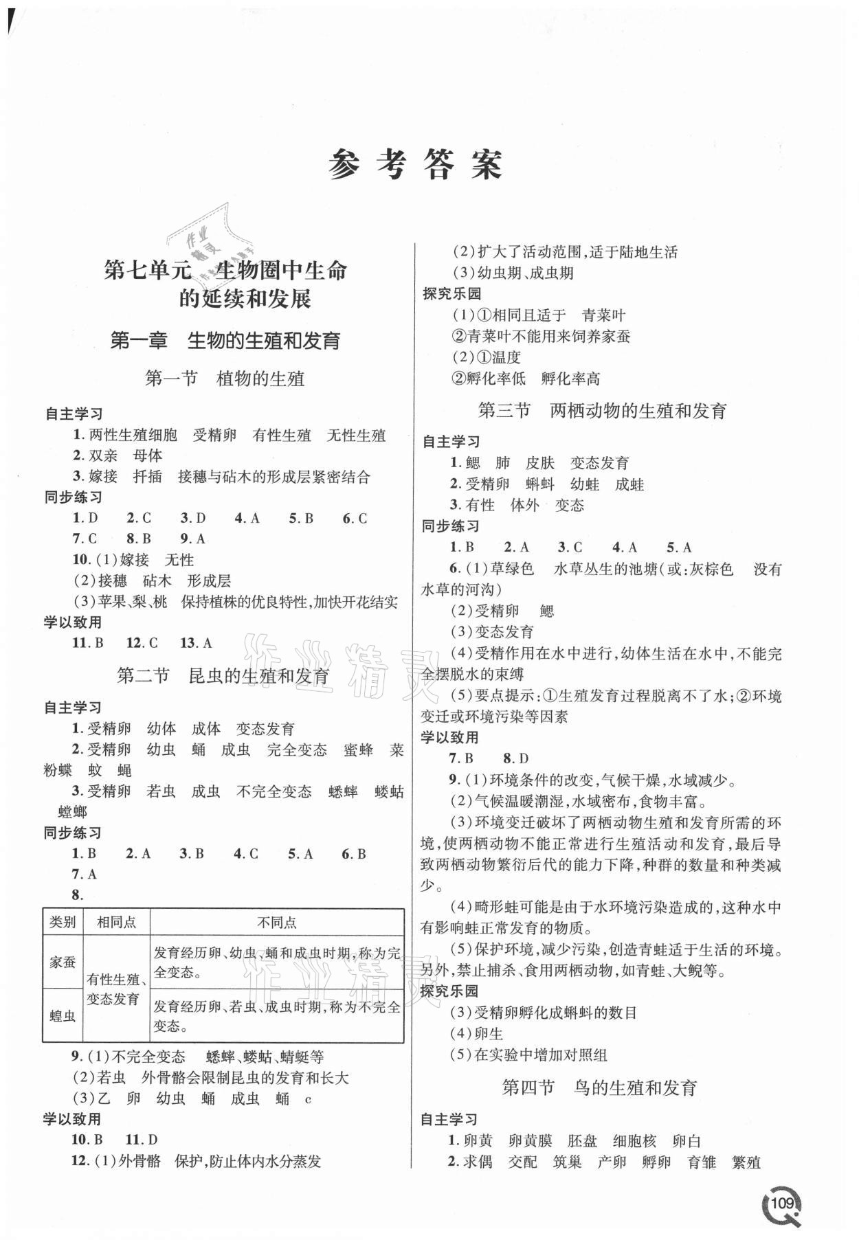 2021年初中同步练习册八年级生物下册人教版青岛出版社