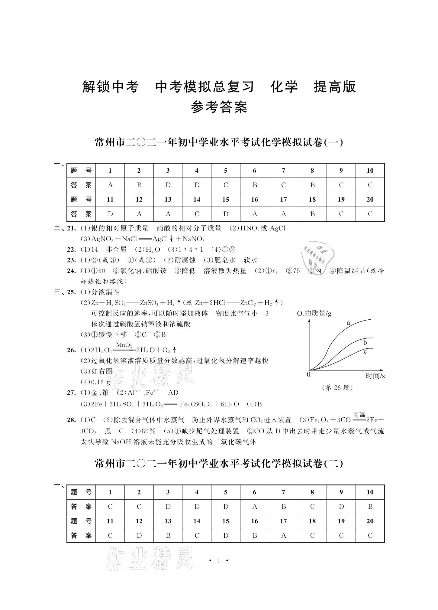 2021年多维互动提优课堂中考模拟总复习化学提高版 参考答案第1页