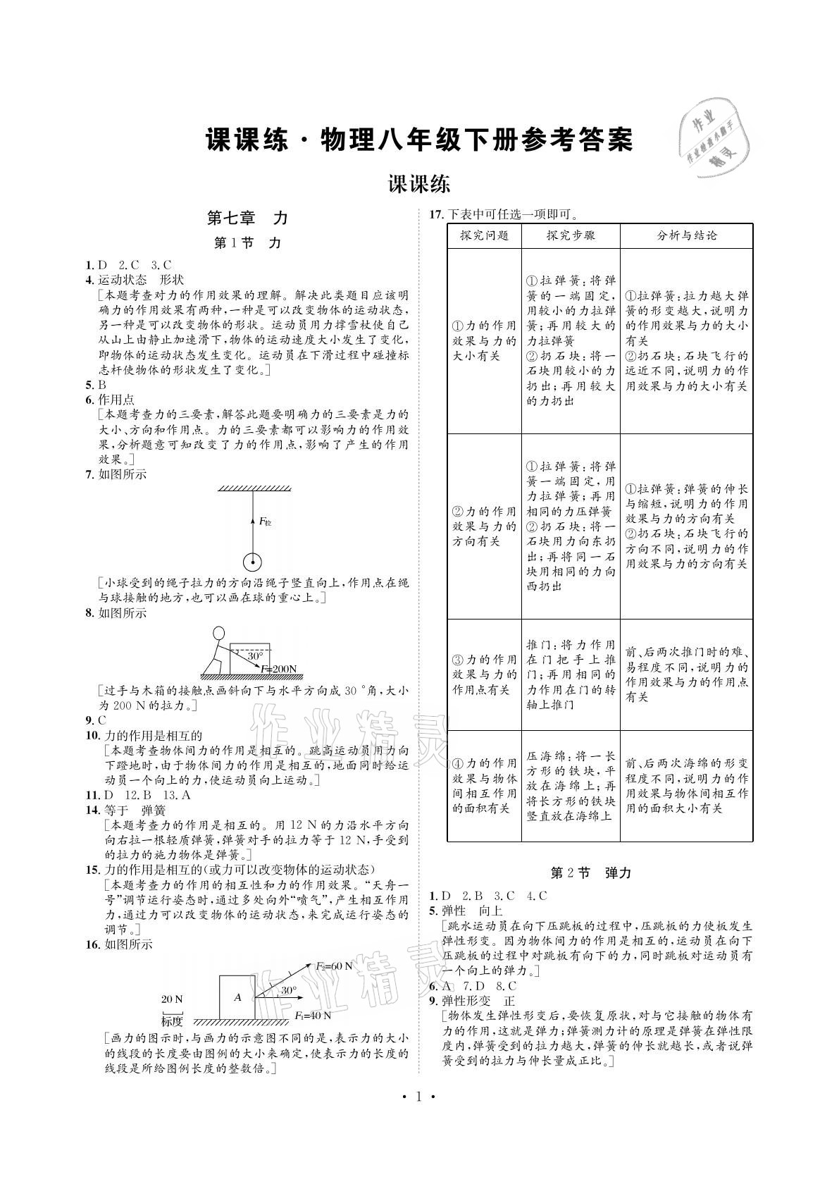 2022年课课练湖南教育出版社八年级物理下册人教版参考答案第1页参考