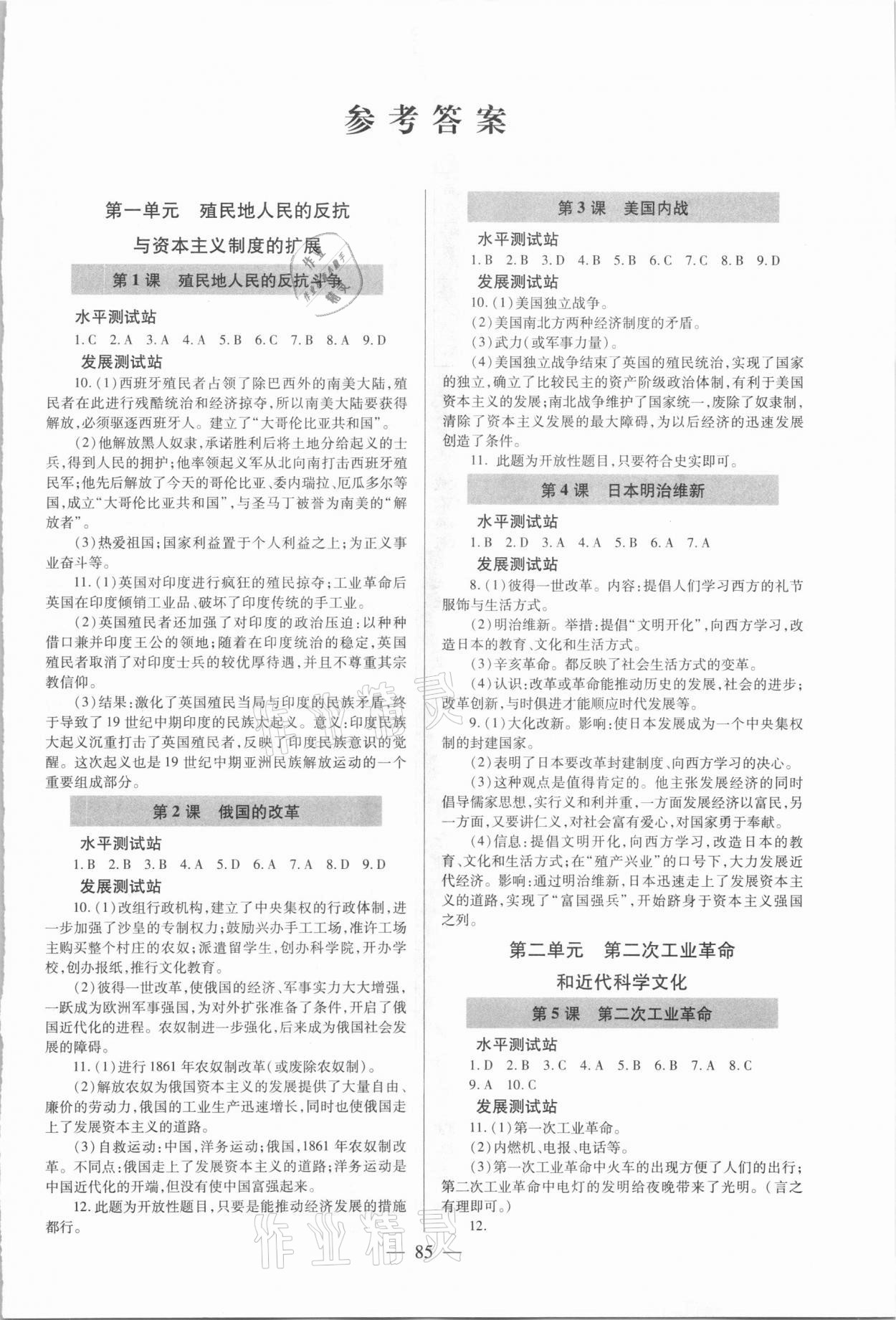 2021年新课堂同步学习与探究世界历史第二册莱西专版54制答案