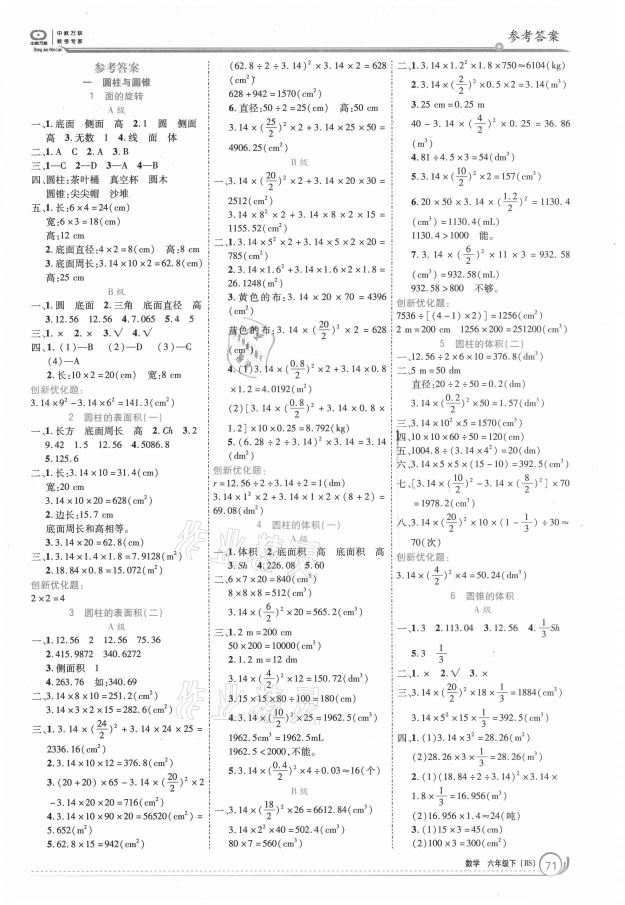 2021年全优训练零失误优化作业本六年级数学下册北师大版 参考答案