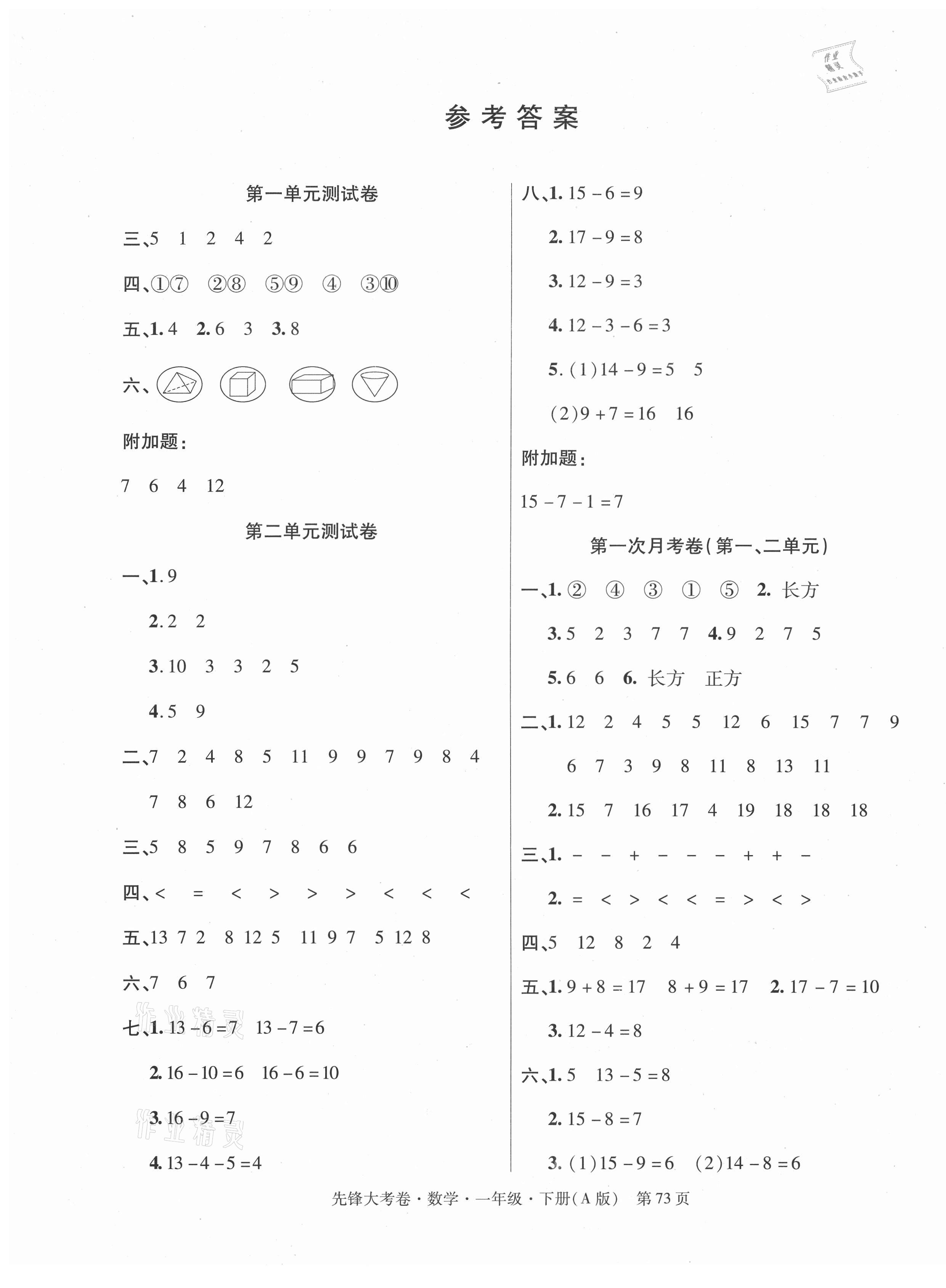 2021年单元加期末复习先锋大考卷一年级数学下册人教版答案