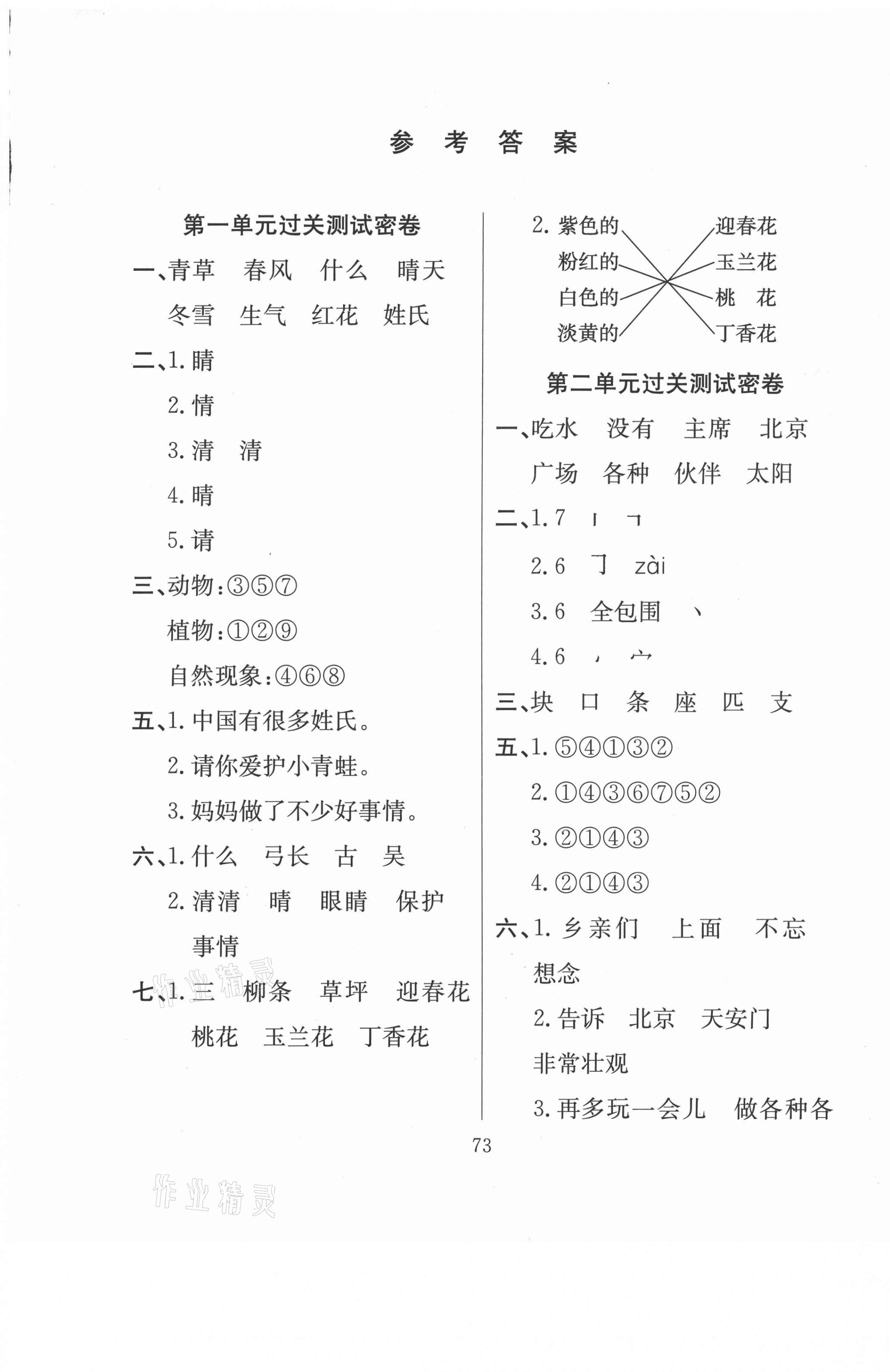 2021年期末冲刺100分满分试卷一年级语文下册人教版 参考答案第1