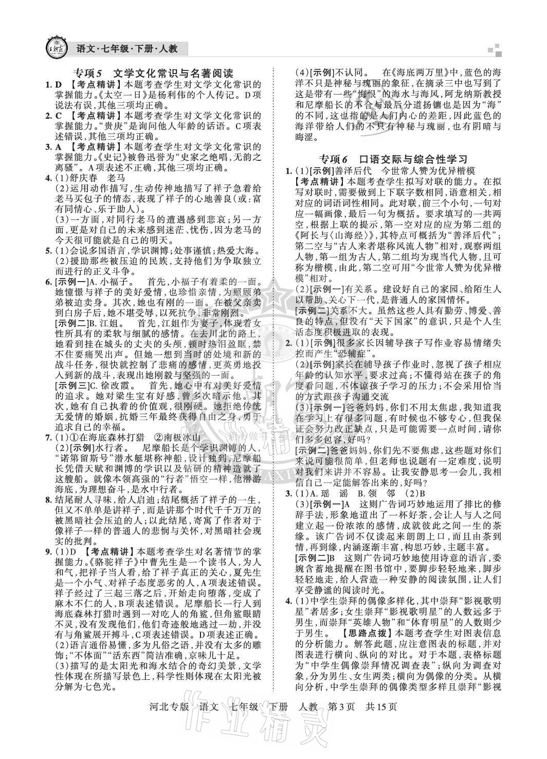 2021年王朝霞各地期末试卷精选七年级语文下册人教版河北专版&nbsp;参考答案第3页