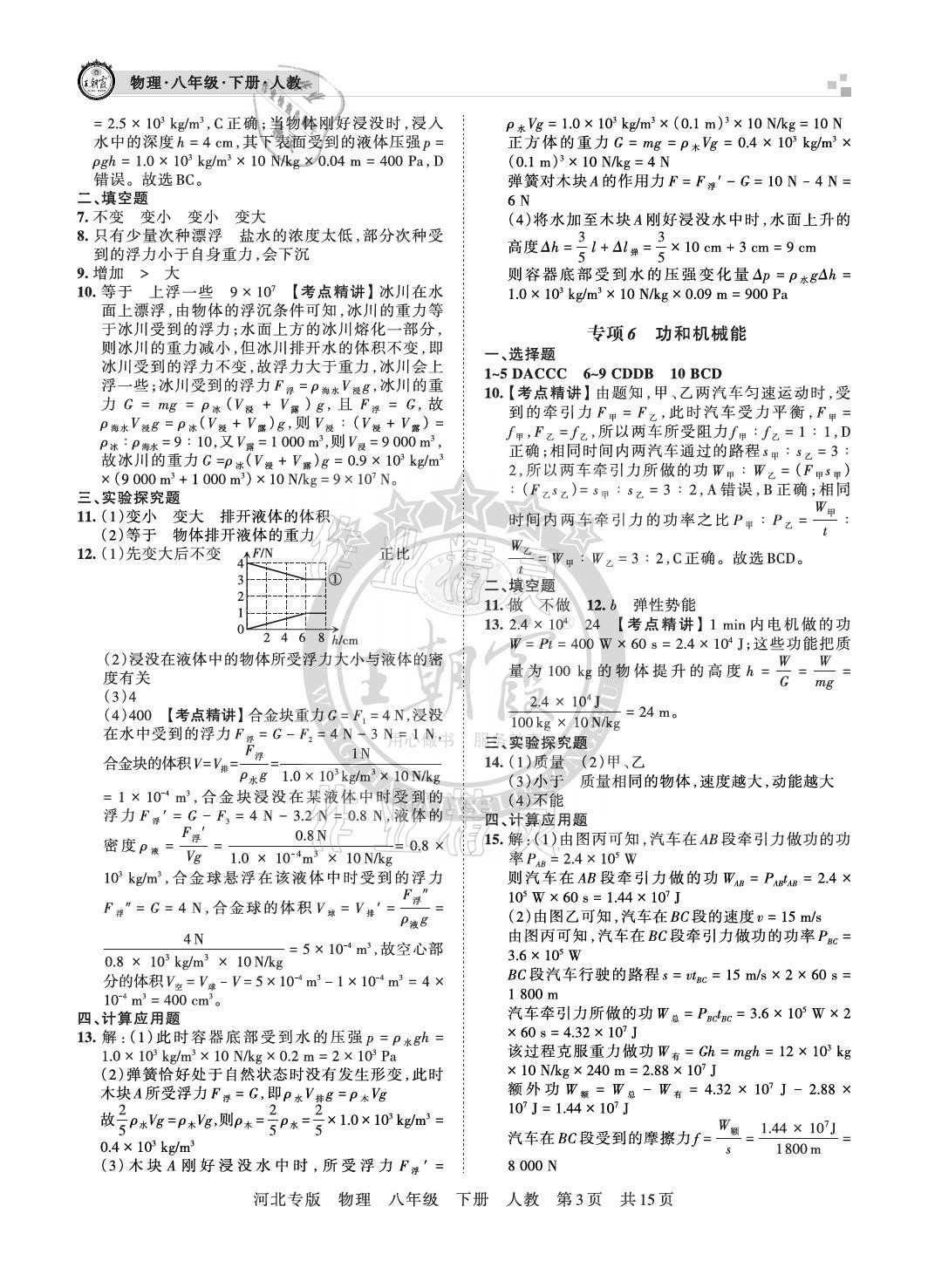 2021年王朝霞各地期末试卷精选八年级物理下册人教版河北专版&nbsp;参考答案第3页