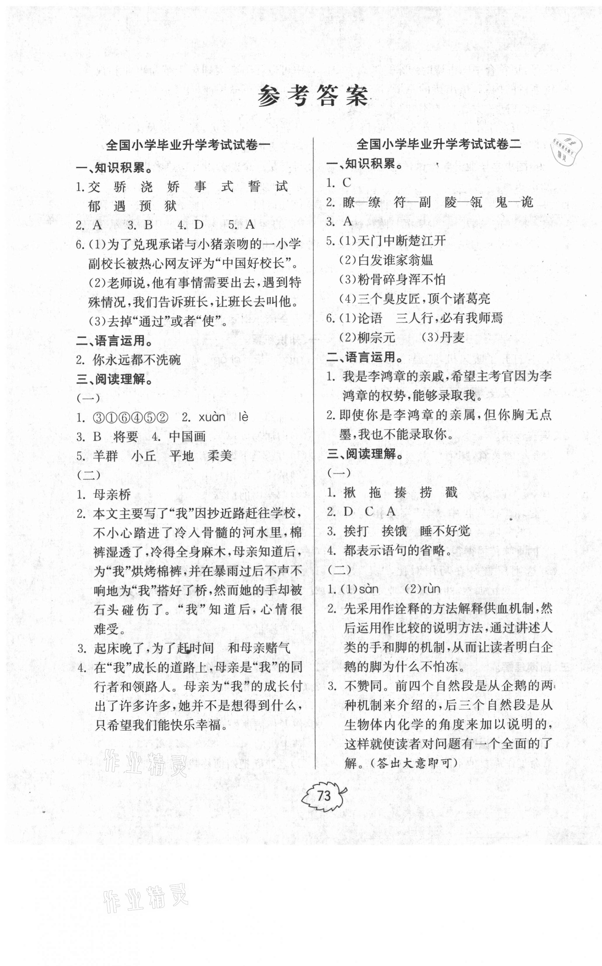 2021年名师特攻小学毕业升学全真模拟试卷六年级语文人教版答案—青