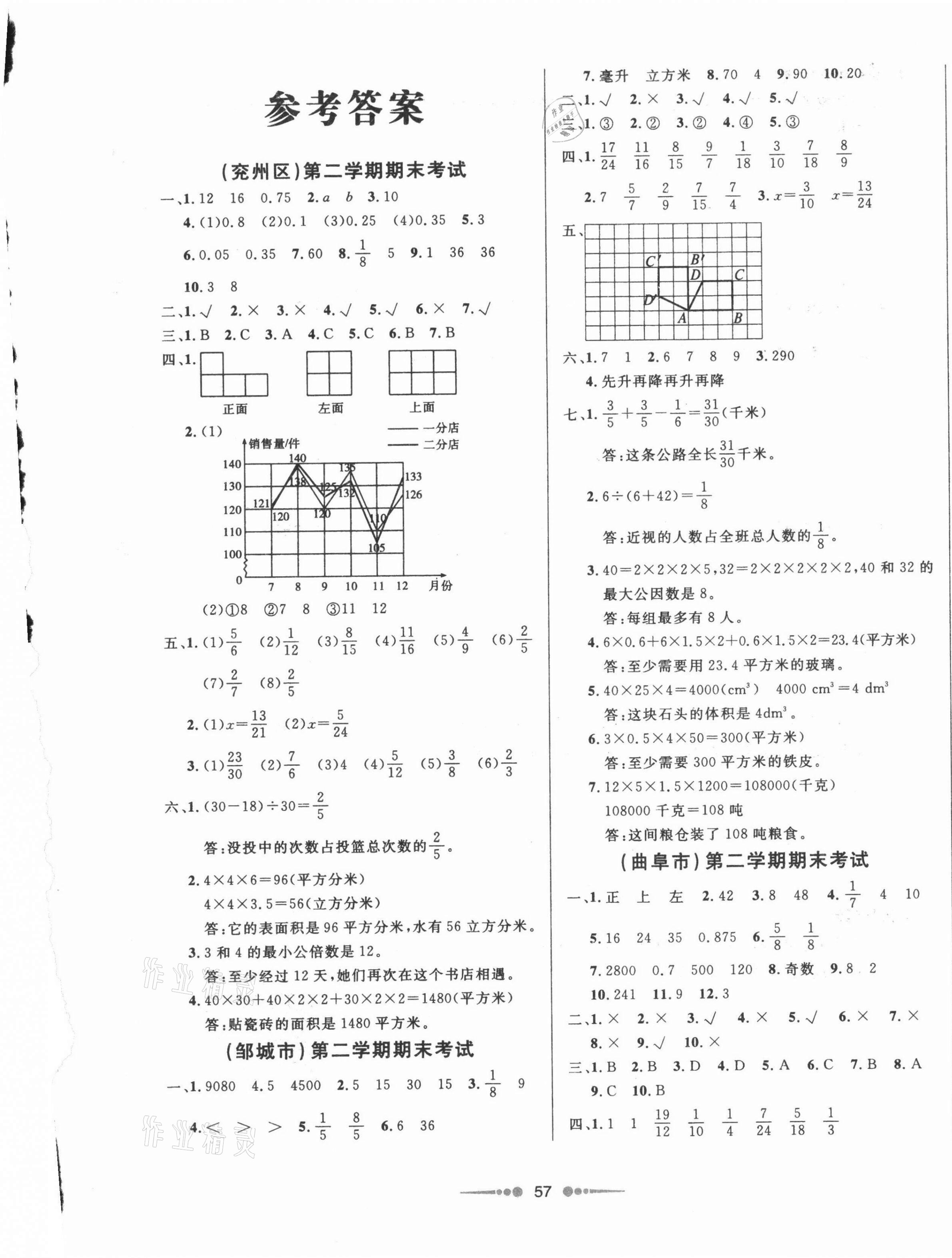 2021年济宁真题汇编五年级数学下册人教版&nbsp;参考答案第1页
