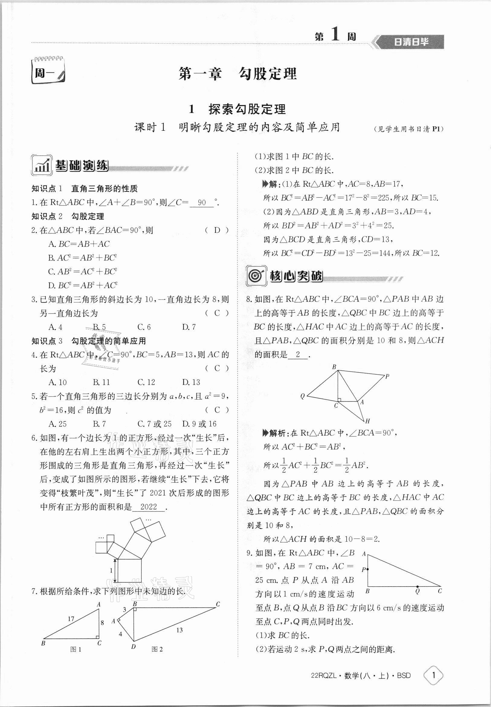 2021年日清周练八年级数学上册北师大版 参考答案第1页